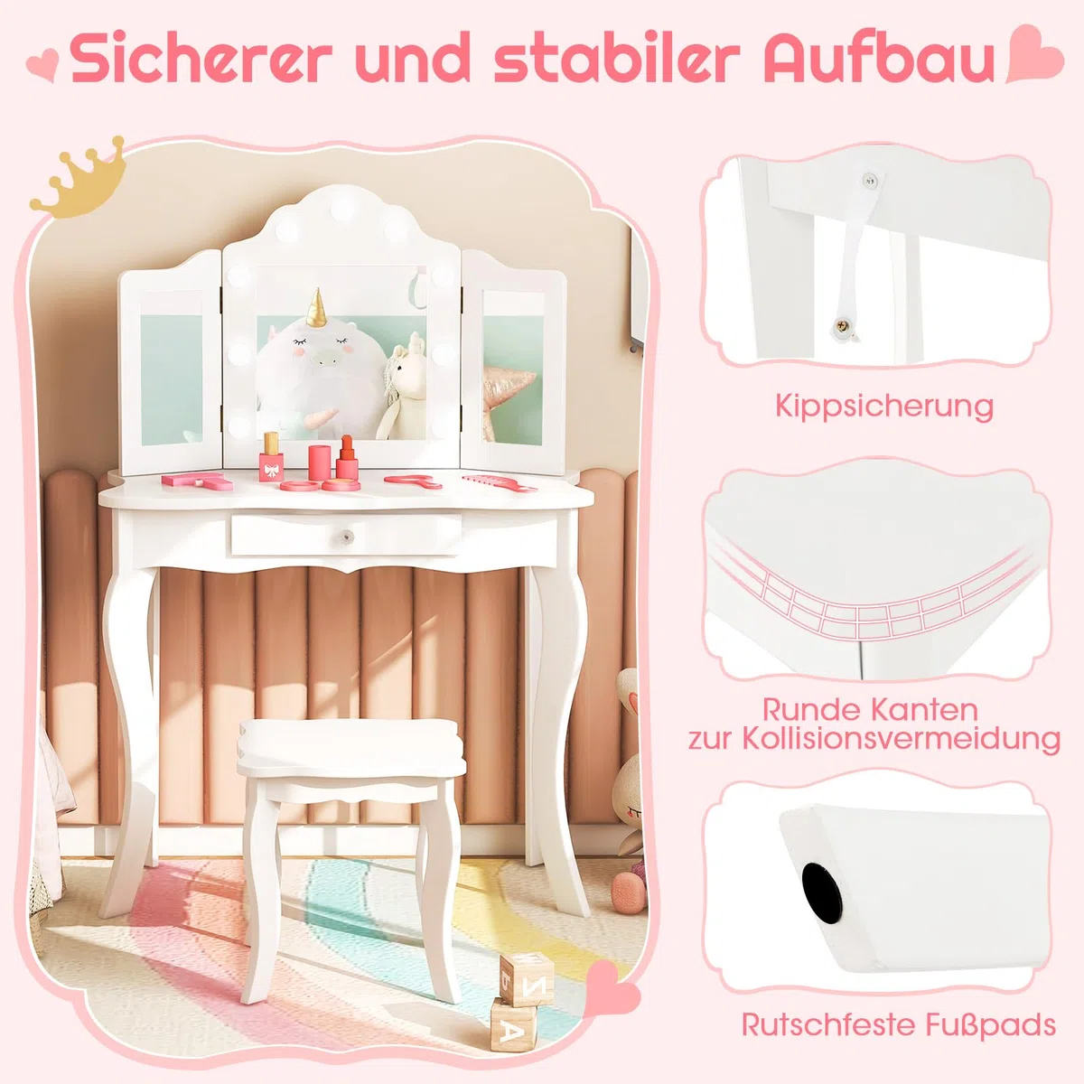 COSTWAY 2 in 1 Kinder Schminktisch mit Beleuchtung, Frisiertisch mit LED-Leuchten, klappbarem Spiegel & Schubladen, Kosmetiktisch Prinzessin für Kinder Mädchen(Weiß)