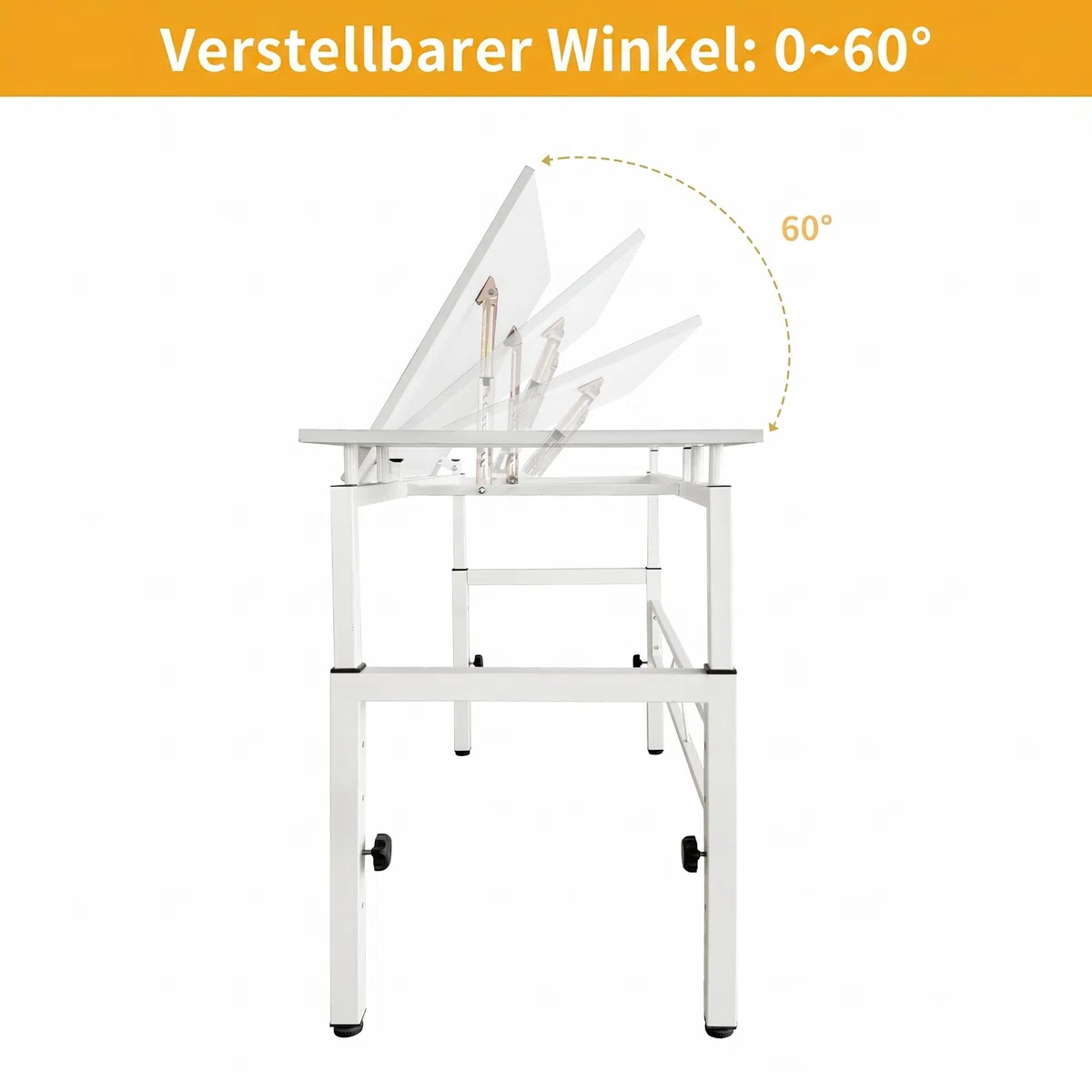 Zeichentisch mit 4 Nivellierfüßen, Schreibtisch mit Verstellbarer Tischplatte(0-60 Grad), Architektentisch, Schülerschreibtisch für Techniker, Architekten, 120x60x77-100cm, Weiß