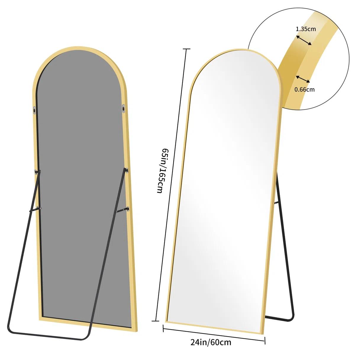 KOCUUY Bogen Standspiegel, 165 x 60 cm Großer Gewölbter Ganzkörperspiegel, Groß Wandspiegel mit Gold Aluminium Rahmen, Hängend, Stehend, Kippbar, für Wohnzimmer, Schlafzimmer und Flure