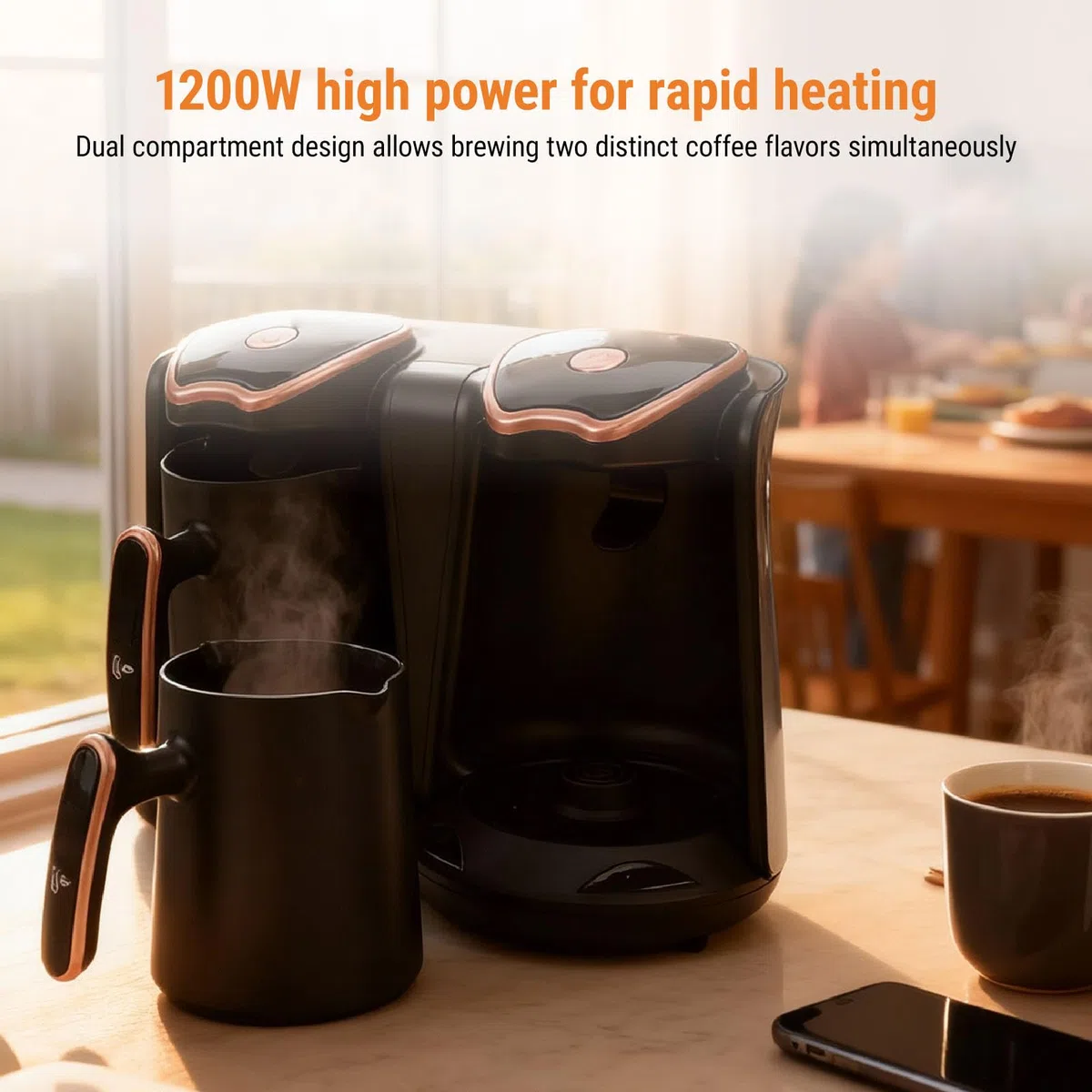 Bewinner Elektrische Türkische Kaffeemaschine mit 1200 W, Kaffeemaschine mit Zwei Fächern, Einstellbarer Temperaturregelung und 2 Tassen für Authentisches Brühen zu Hause oder Im Büro