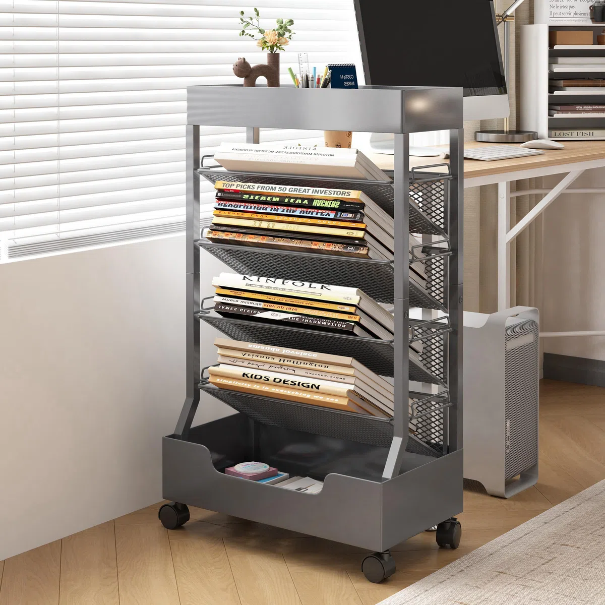 UMDONX Moderner, mobiler Buchwagen, einseitig, rollbares Bücherregal mit Metallplatte und Boden, hochwertige Einrastregale, robuste und elegante Aufbewahrung für Zuhause, Arbeitszimmer, Büro