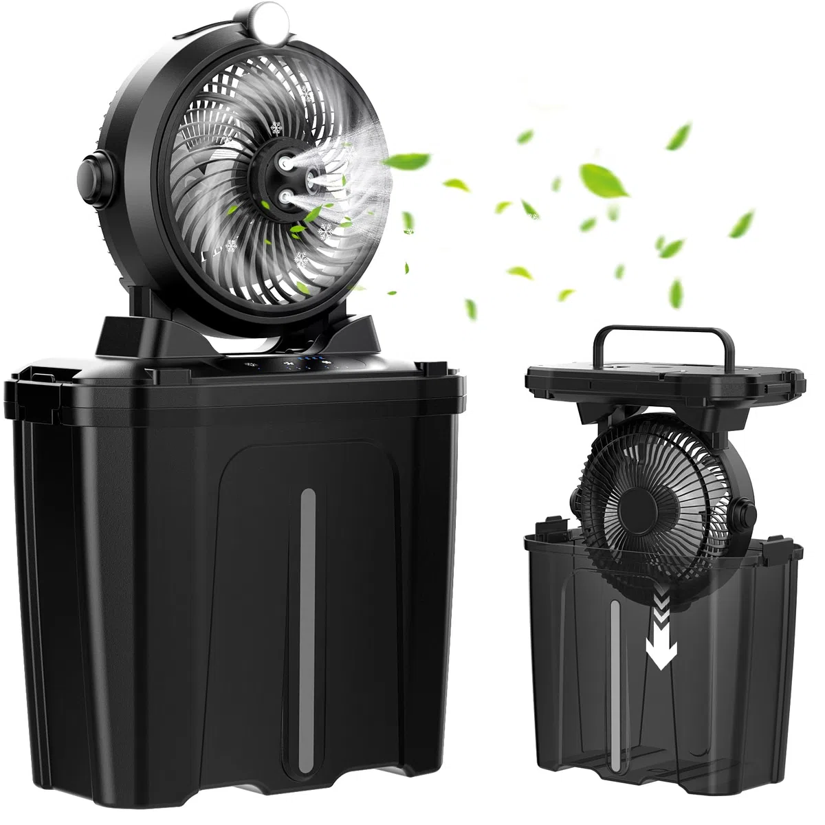 Tragbarer Nebelventilator mit 11-Liter-Eimer und 20.000 mAh Akku, wiederaufladbarer, batteriebetriebener Ventilator für Terrassen mit Nachtlicht, 3 Windgeschwindigkeiten und 3 Sprühnebel, Camping
