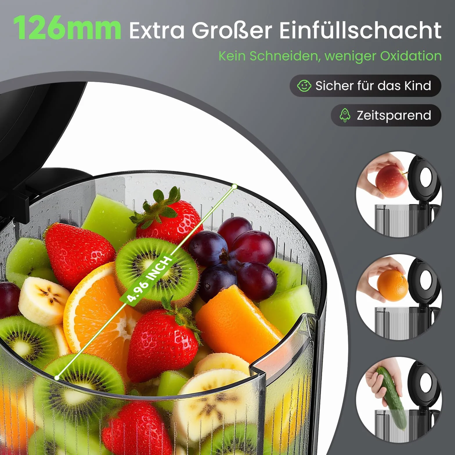HOMELUX 220W Entsafter Slow Juicer mit 126 MM Breitem Einfüllschacht, Entsafter Gemüse und Obst Testsieger Saftpresse mit Dreifachem Filter, BPA-frei Einfache Reinigun, Silber