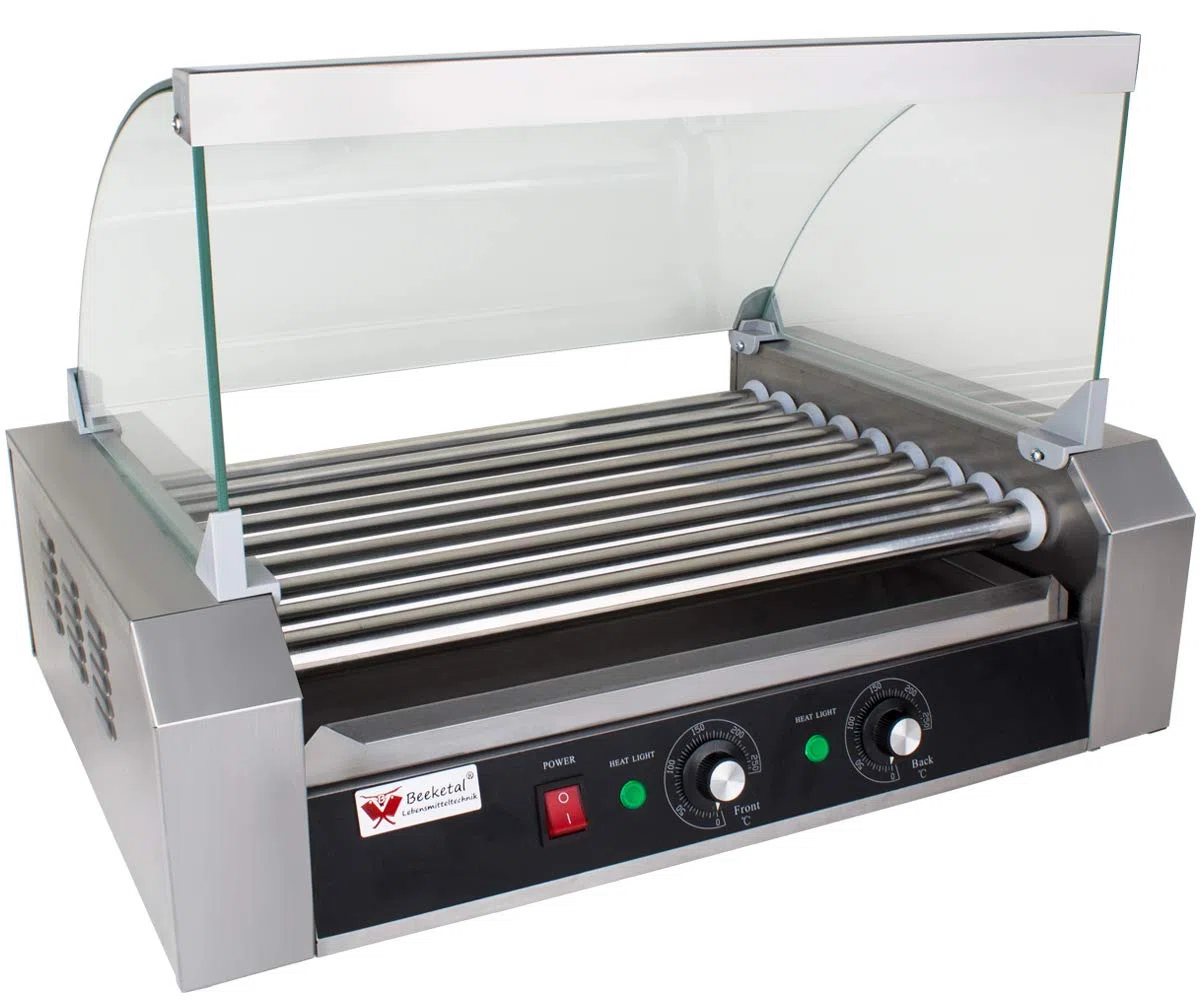 Beeketal 'BH9WG' Profi Hot Dog Grill mit 9 rotierenden Heizstäben, Edelstahl Würstchen Grill Gerät mit Fettauffangschublade und Glas Abdeckhaube, 2 Heizzonen separat stufenlos regelbar 50-250 °C