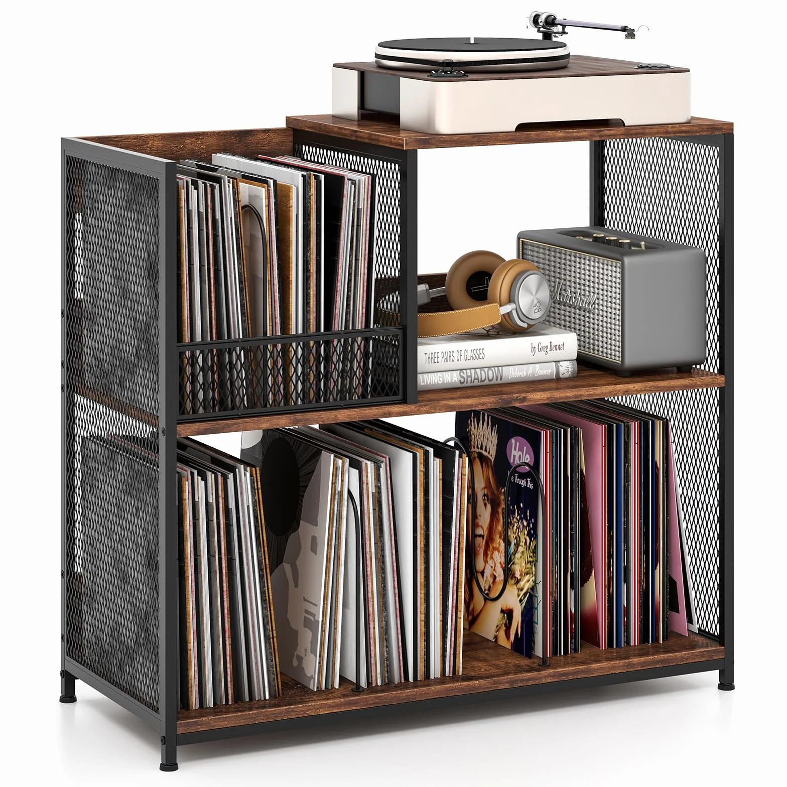 COSTWAY 3-stöckiger Plattenspielerständer für bis zu 300 Alben, Grammophontisch mit 3 herausnehmbaren Trennwänden und Metallrahmen, Vinyl-Präsentationsregal für Wohnzimmer (Braun)