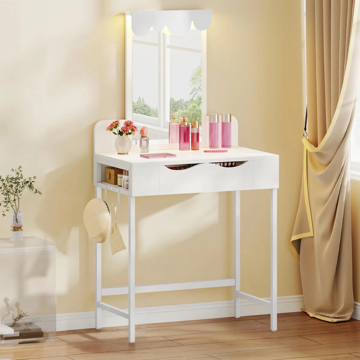 Schminktisch mit Beleuchtung,Stoffschubladen Frisiertisch mit Spiegel Schubladen Einstellbarer Helligkeit,Schminktische mit Türen, Make up Tisch mit Schmuckablage Verstellbaren Ablagen,Holzfarbe