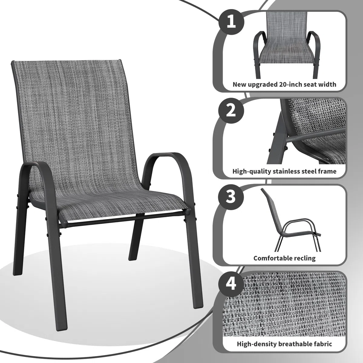 UDPATIO 6er Set Gartenstühle Stapelbare, 55cm Breiter Hochlehner Gartenstuhl, Stapelstühle aus Textilene, Atmungsaktive Terrassenstühle für Balkon, Terrasse, Garten, Grau