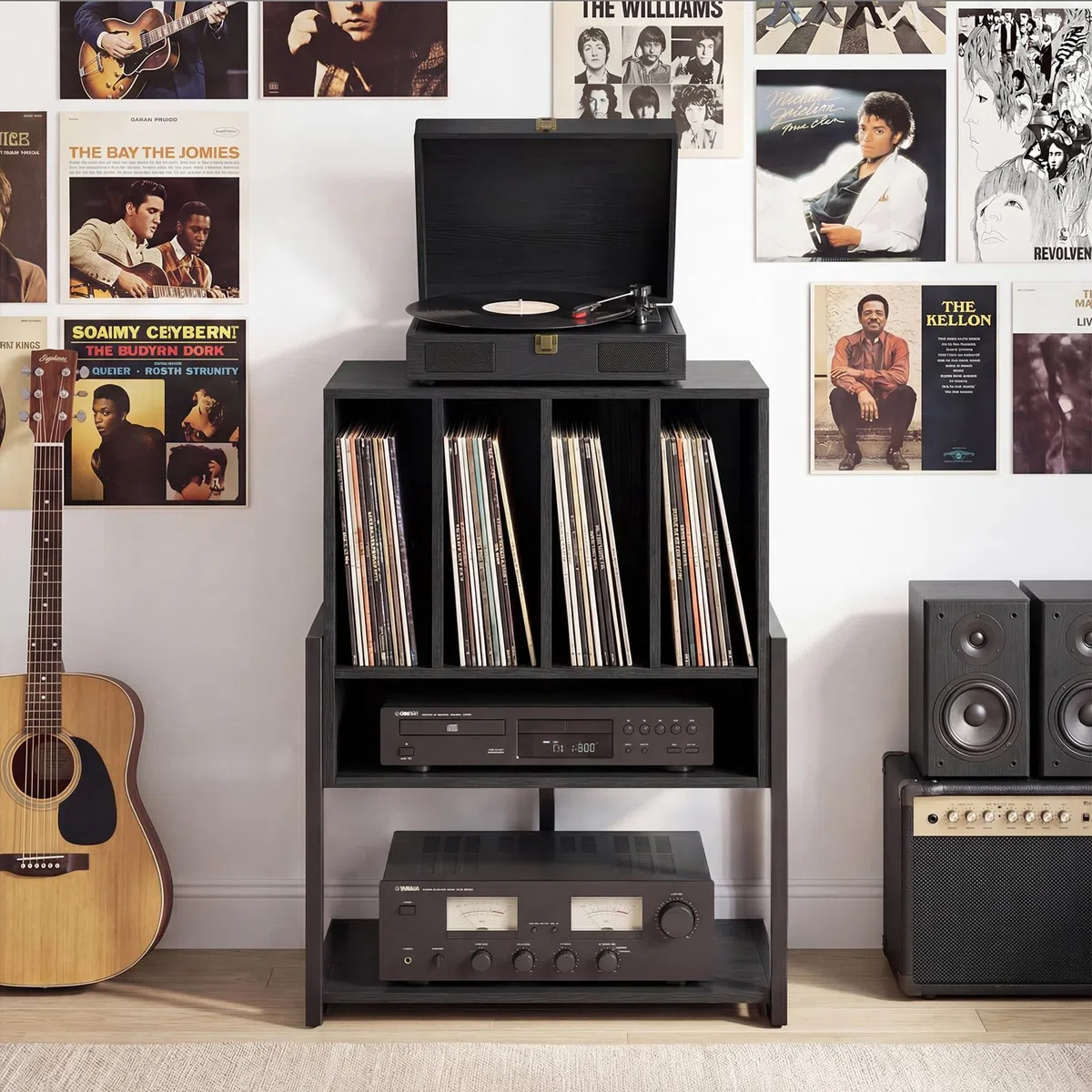 COSTWAY Plattenspielerständer, Vinyl Schallplattentisch mit breite Tischplatte, 4 Trennwänden & unteres Regal, Schallplattenständer Holz für Arbeitszimmer und Musikzimmer, 54 x 57 x 76,5 cm
