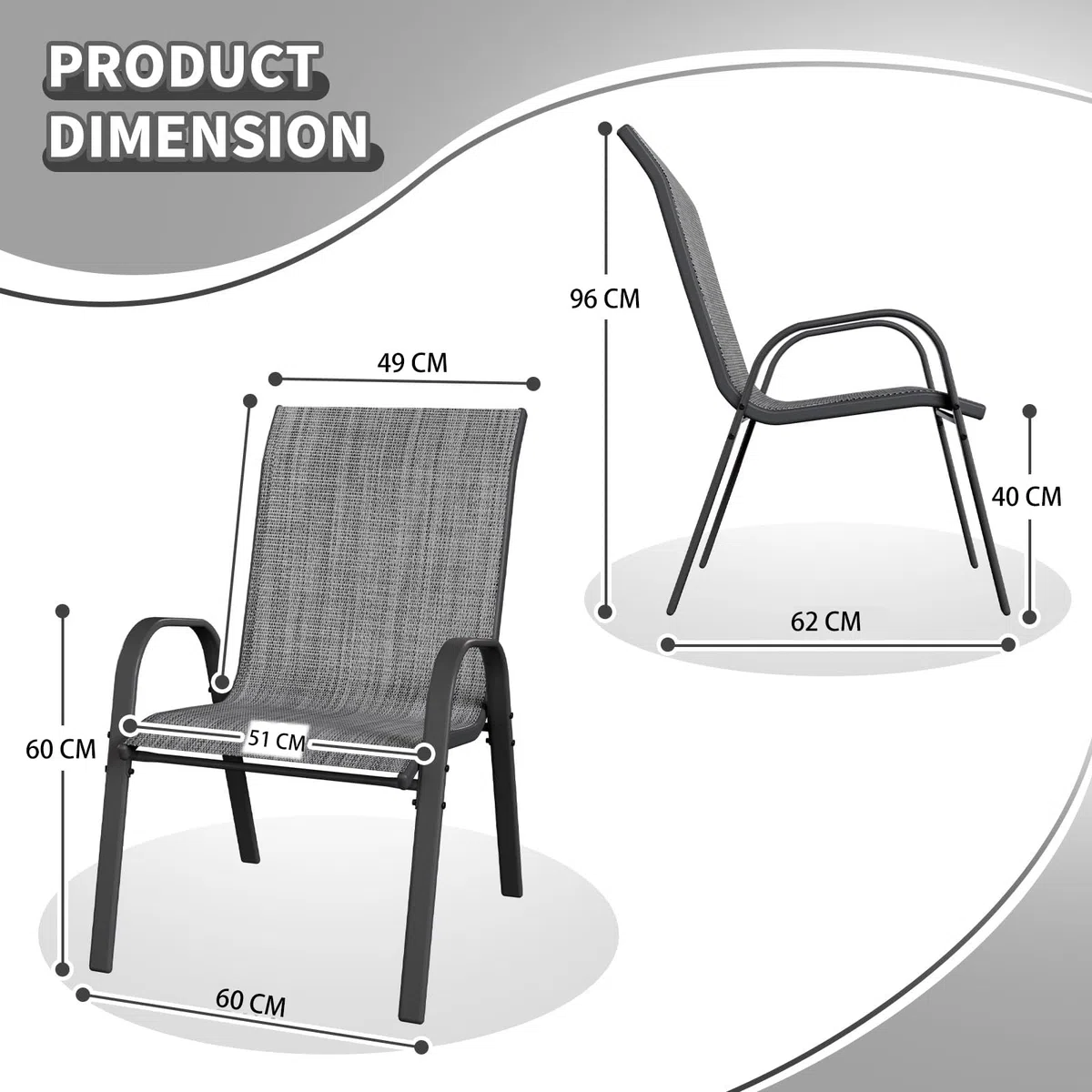 UDPATIO 6er Set Gartenstühle Stapelbare, 55cm Breiter Hochlehner Gartenstuhl, Stapelstühle aus Textilene, Atmungsaktive Terrassenstühle für Balkon, Terrasse, Garten, Grau