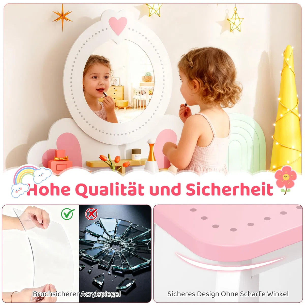 MAMIZO Schminktisch Kinder mit Abnehmbarem Spiegel, Kinderschminktisch Holz mit Hocker, 2 in 1 Prinzessin Frisiertisch, Kinderschreibtisch, Schminktisch Mädchen ab 3 Jahre, 50x33x91cm, Weiß