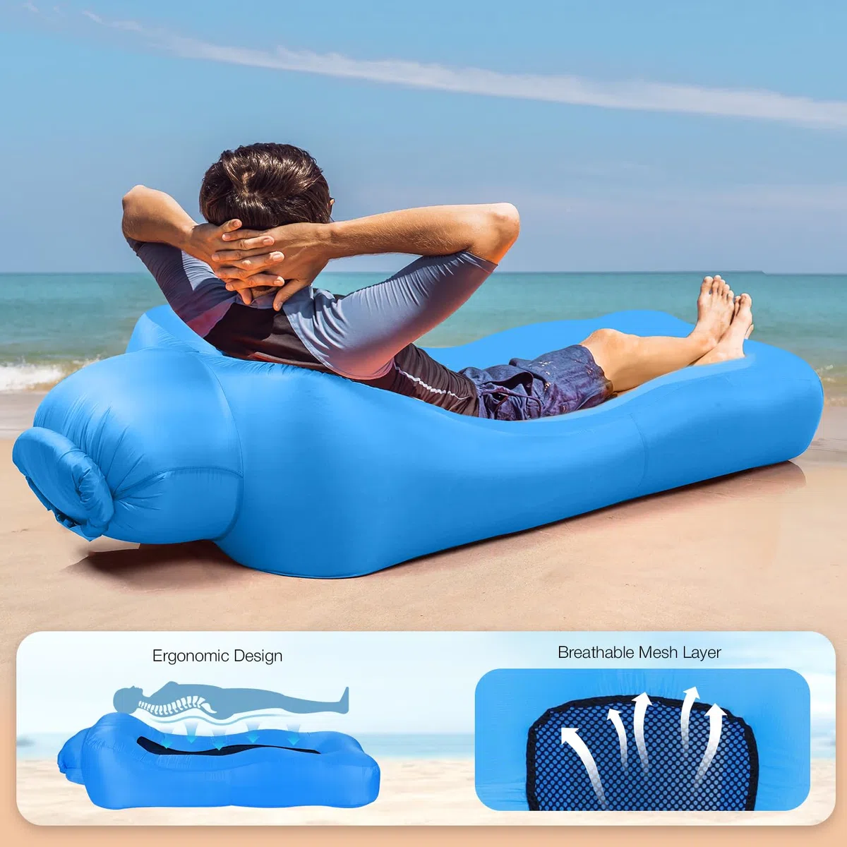 Aufblasbares Sofa für Land und Wasser, Luftsofa Faltbar Leicht, Aufblasbare Couch mit Tasche, Camping Sofa Für Garten Strand Picknick, Outdoor und Indoor, Blau