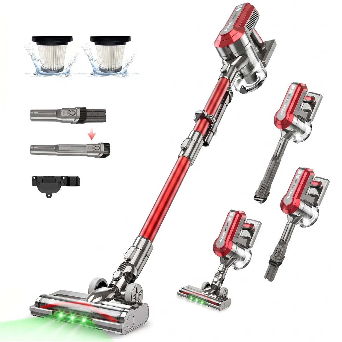 Akitas V10A Akku Staubsauger Kabellose mit 450W BLDC-Motor, 45kPa Saugleistung, 60 Min Laufzeit, LED-Bürste mit grünem Licht, Anti-Verhedderung, ideal für Teppiche, Hartböden & Tierhaare