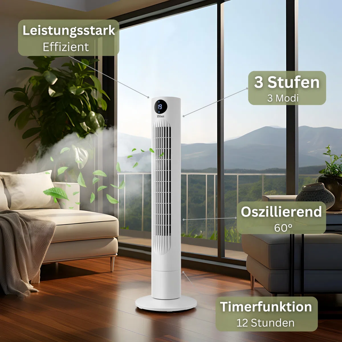 Zilan Turmventilator sehr leise mit Kühlung Standventilator energiesparend Säulenventilator mit Fernbedienung 3 Modi Ventilator Oszillierend 12h Timer LED-Display Tower Fan Aircooler Bodenventilator