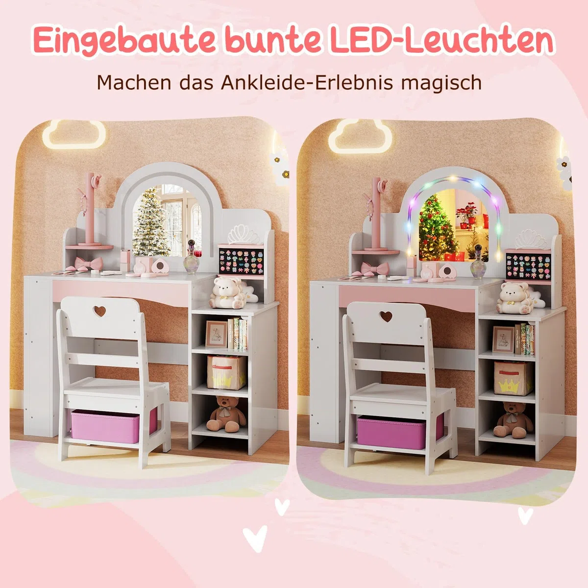 FANTASK 2 in 1 Schminktisch Kinder Set, Schreibtisch Holz mit Buntem Spiegel & Bücherregal, Prinzessin Frisiertisch mit Regalen, Schmuckhalter & Stoffbox, Kosmetiktisch für Mädchen ab 3 Jahren (Weiß)