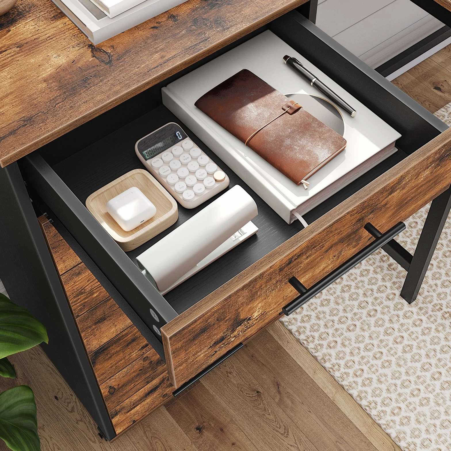 HOOBRO Rollcontainer mit 7 Schubladen, Aktenschrank, Holz Büroschrank, Büromöbel mit Schubladen, Aufbewahrungscontainer, für Büro, Arbeitszimmer, Einfache Montage, Vintagebraun und Schwarz EBF07WJ01