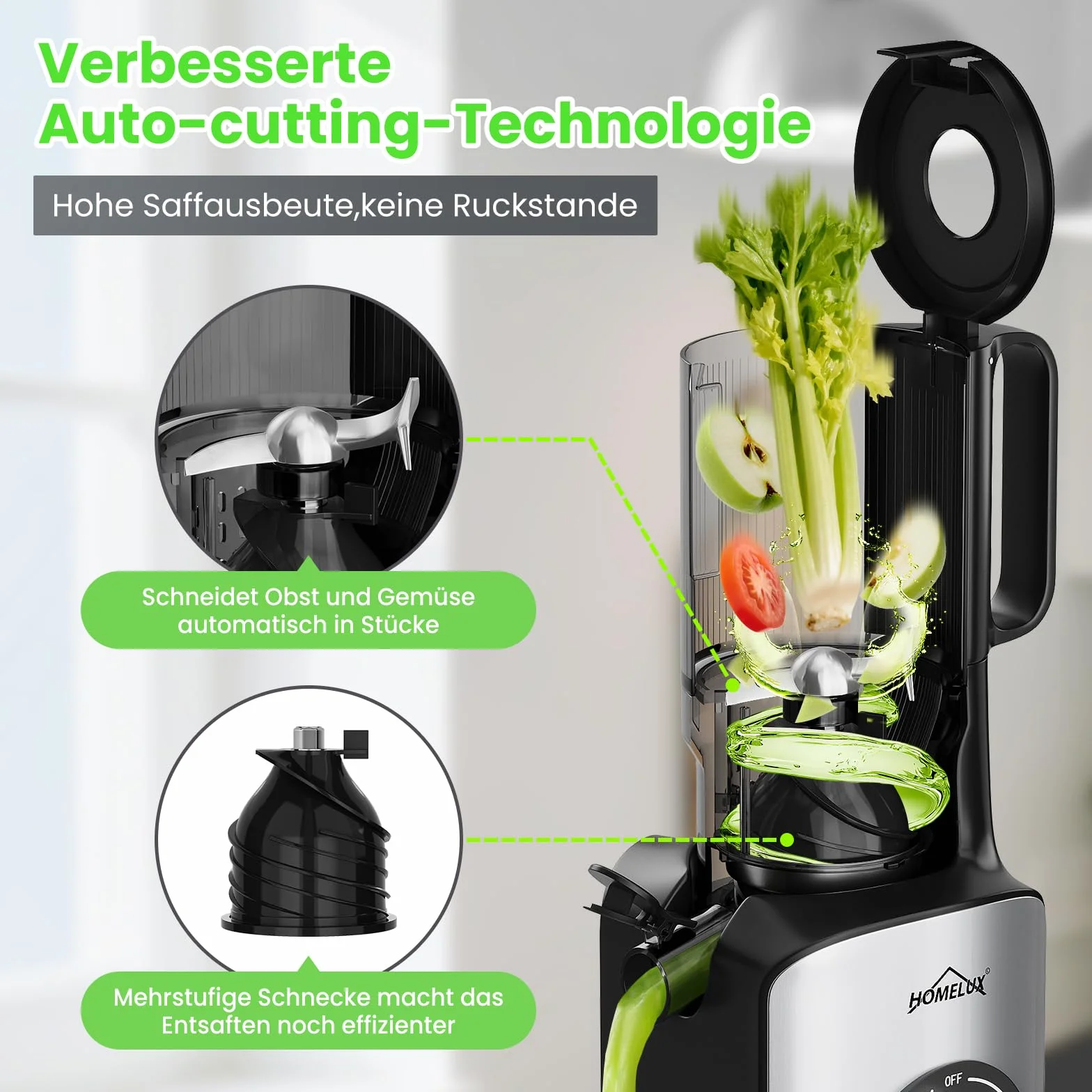 HOMELUX 220W Entsafter Slow Juicer mit 126 MM Breitem Einfüllschacht, Entsafter Gemüse und Obst Testsieger Saftpresse mit Dreifachem Filter, BPA-frei Einfache Reinigun, Silber