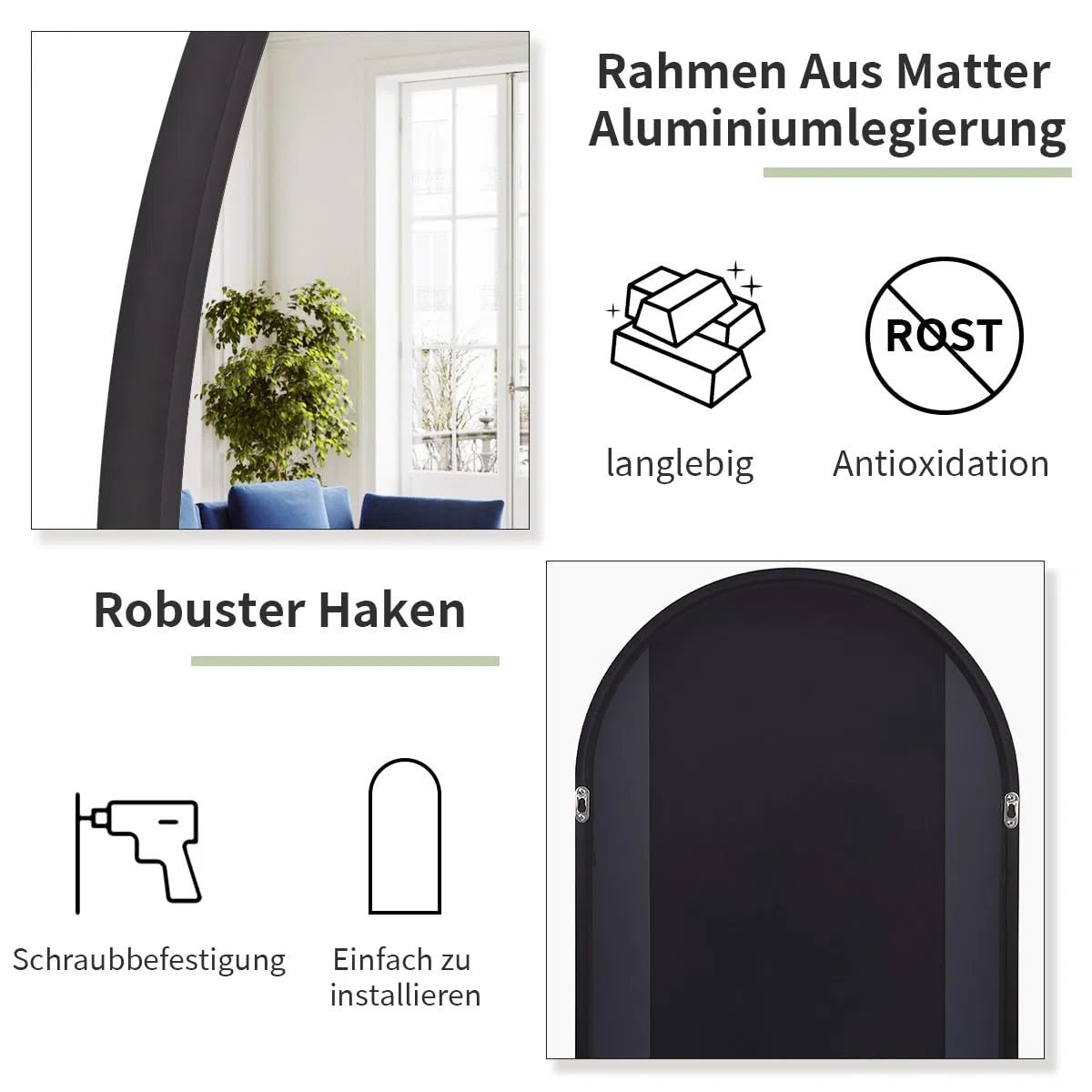 Koonmi Bogen Ganzkörperspiegel, 52 x 161 cm Gewölbter Standspiegel Groß in voller Länge, an der Wand montiert, lehnend, Bodenspiegel Ganzkörper als Ankleide Eitelkeitsspiegel für Wohnzimmer, Schwarz