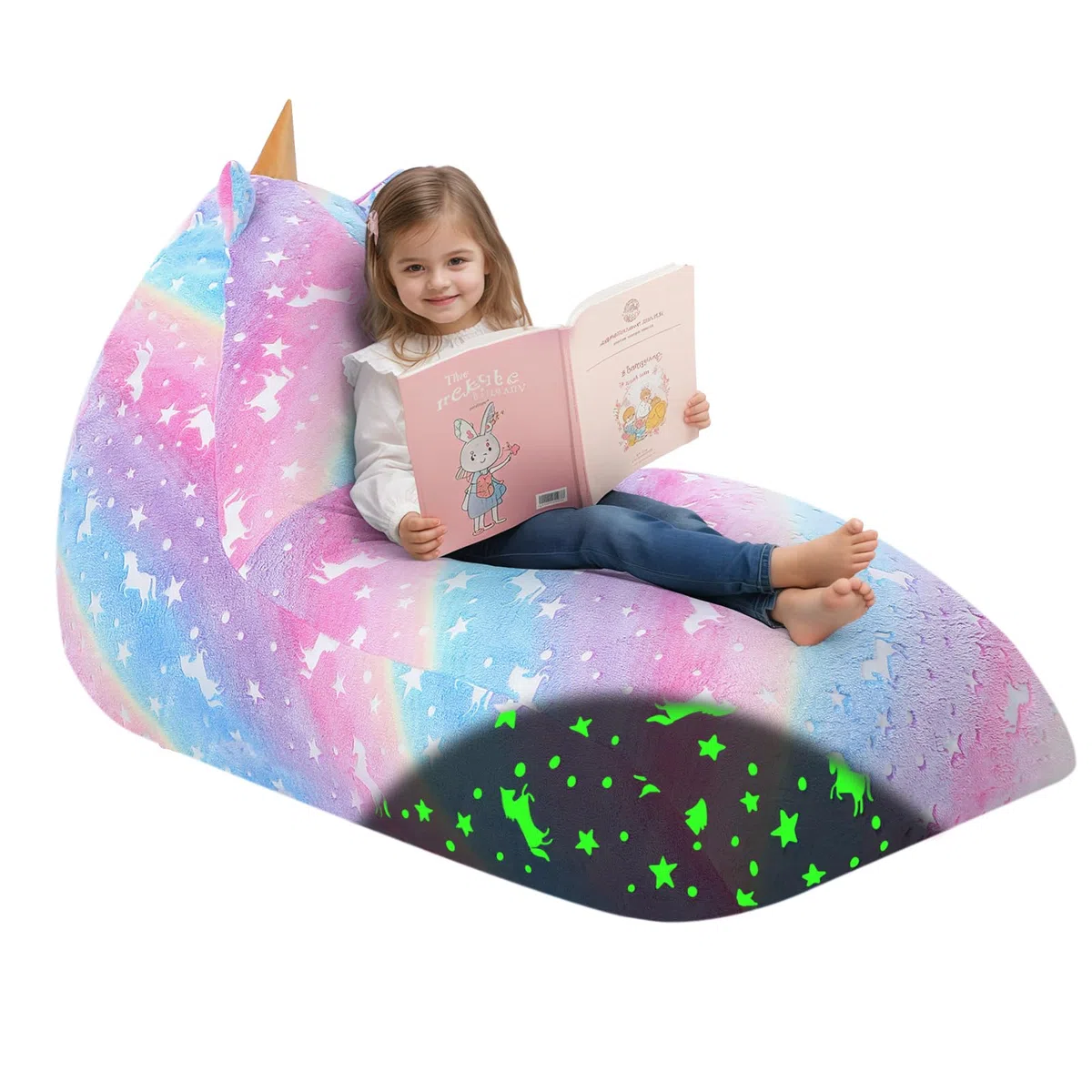 MeMoreCool Sitzsäcke für Kinder von 8–12 Jahren, großer Sitzsack mit Füllung, großes Kleinkinder-Sitzsackbett mit Einhorn, Faule Bodenliege für Kinder für Mädchen und Jungen, Leuchtend Regenbogen