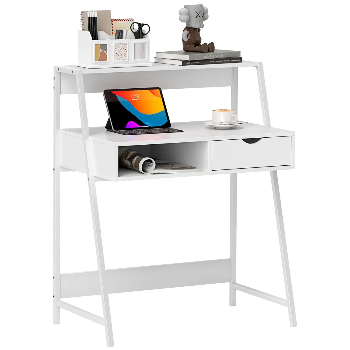 HOMCOM Sekretär-Schreibtisch, Computertisch, Retro-Stil, Schublade, Nische, Regal, Metall, Weiß