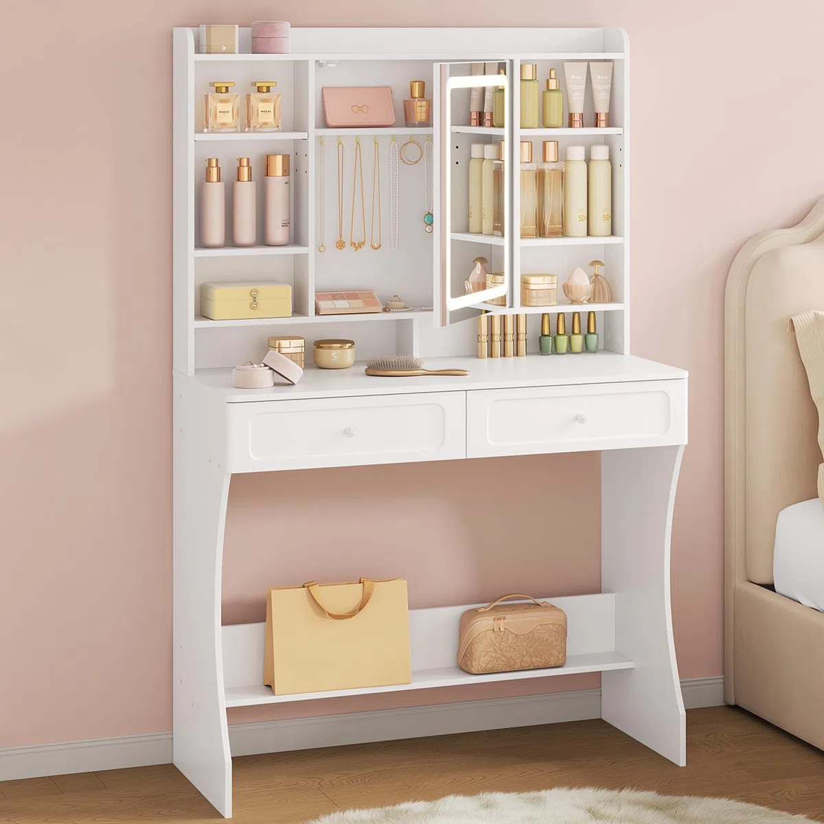 WOLTU Schminktisch mit Spiegel und Beleuchtung, 3 Lichtfarben, Frisiertisch mit offenen Ablagen & 2 Schubladen & 10 Haken hinter dem Spiegel, modern für Schlafzimmer, Weiß