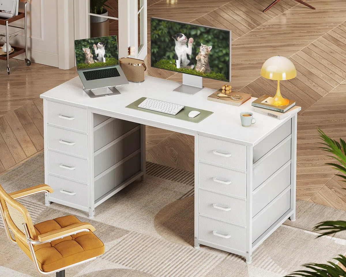 Coleshome Schreibtisch Mit 8 Stoff Schubladen, 120x48cm Schreibtisch Weiß Mit Stauraum Computertisch Vielseitg, Bürotisch PC Tisch Officetisch Für Büro, Wohnzimmer, Home Office