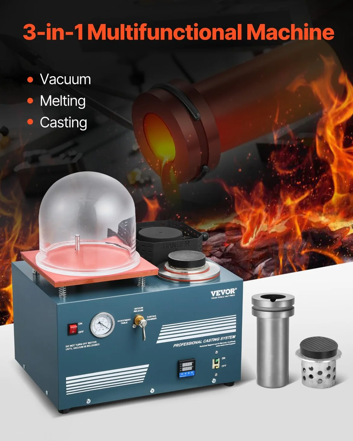 VEVOR Vakuum-Einbettgussmaschine 2 L mit Schmelzofen & praktischer Öleinspritzöffnung, Metallschmuckgusswerkzeug Vakuumgussmaschine zum Gießen von Schmuck und Schmelzen von Schrott Silber Gold Kupfer