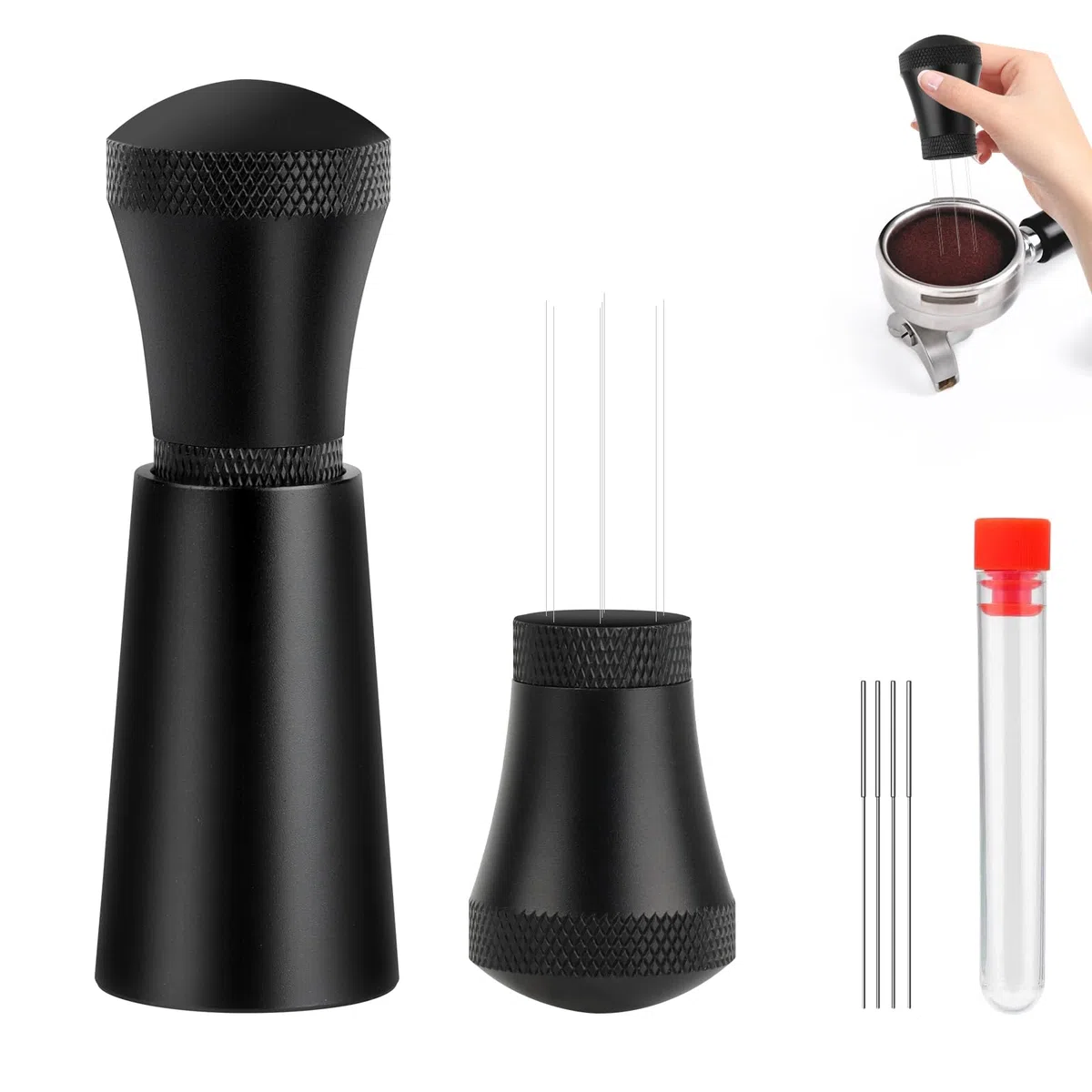 KEWUZY Wdt Tool, Espresso Coffee Distributor, Aluminium Espresso Kaffeerührer für Barista mit Ständer mit 7 0.3mm Dickem Edelstahl, KFBFZ