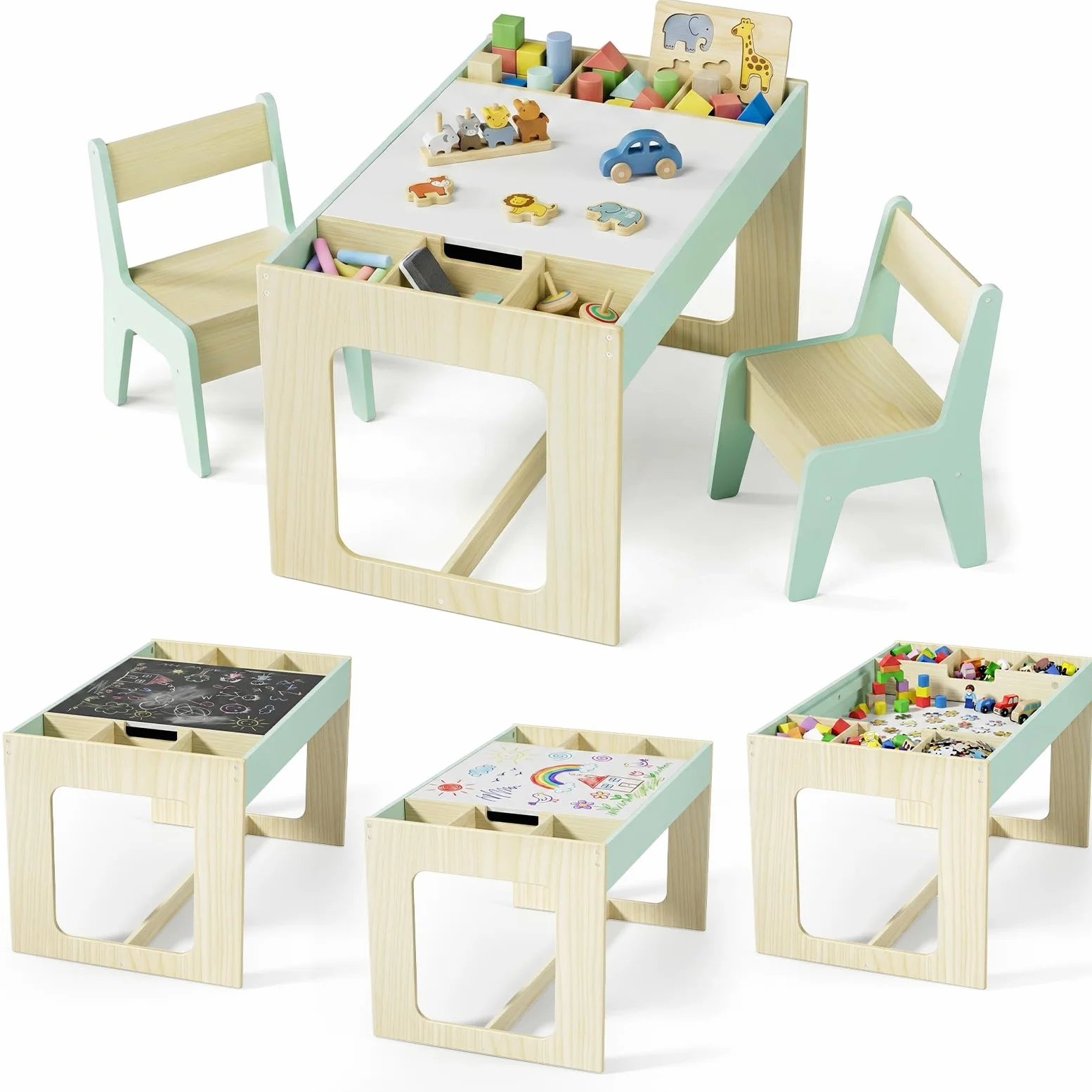 MAMIZO Kindersitzgruppe mit Stauraum, Kindertisch mit 2 PCS Stühlen, Kinder Tisch Stuhl Set mit wendbarer Tischplatte, Kinderschreibtisch für Kinderzimmer Kindertagesstätte,ab 3+, Holzfarbe mit Grün