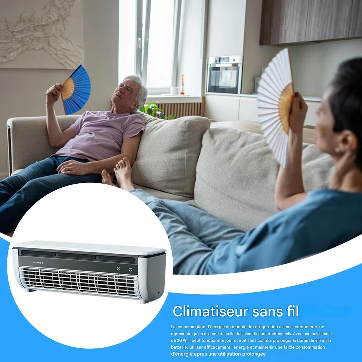 Luftkühler, tragbarer Ventilator mit Klimaanlage, 3 Geschwindigkeitsstufen mit kabellosem Ladegerät für Haus, Schlafzimmer, Camping, Auto, Badezimmer, Küche, Badezimmer