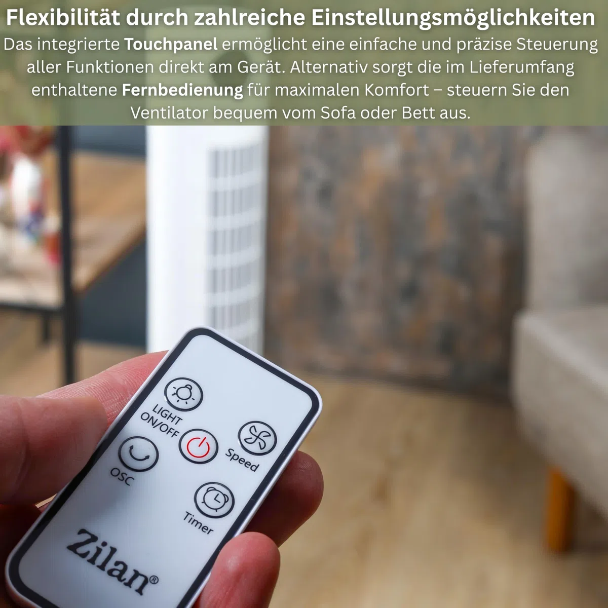 Zilan Turmventilator sehr leise mit Kühlung Standventilator energiesparend Säulenventilator mit Fernbedienung 3 Modi Ventilator Oszillierend 12h Timer LED-Display Tower Fan Aircooler Bodenventilator