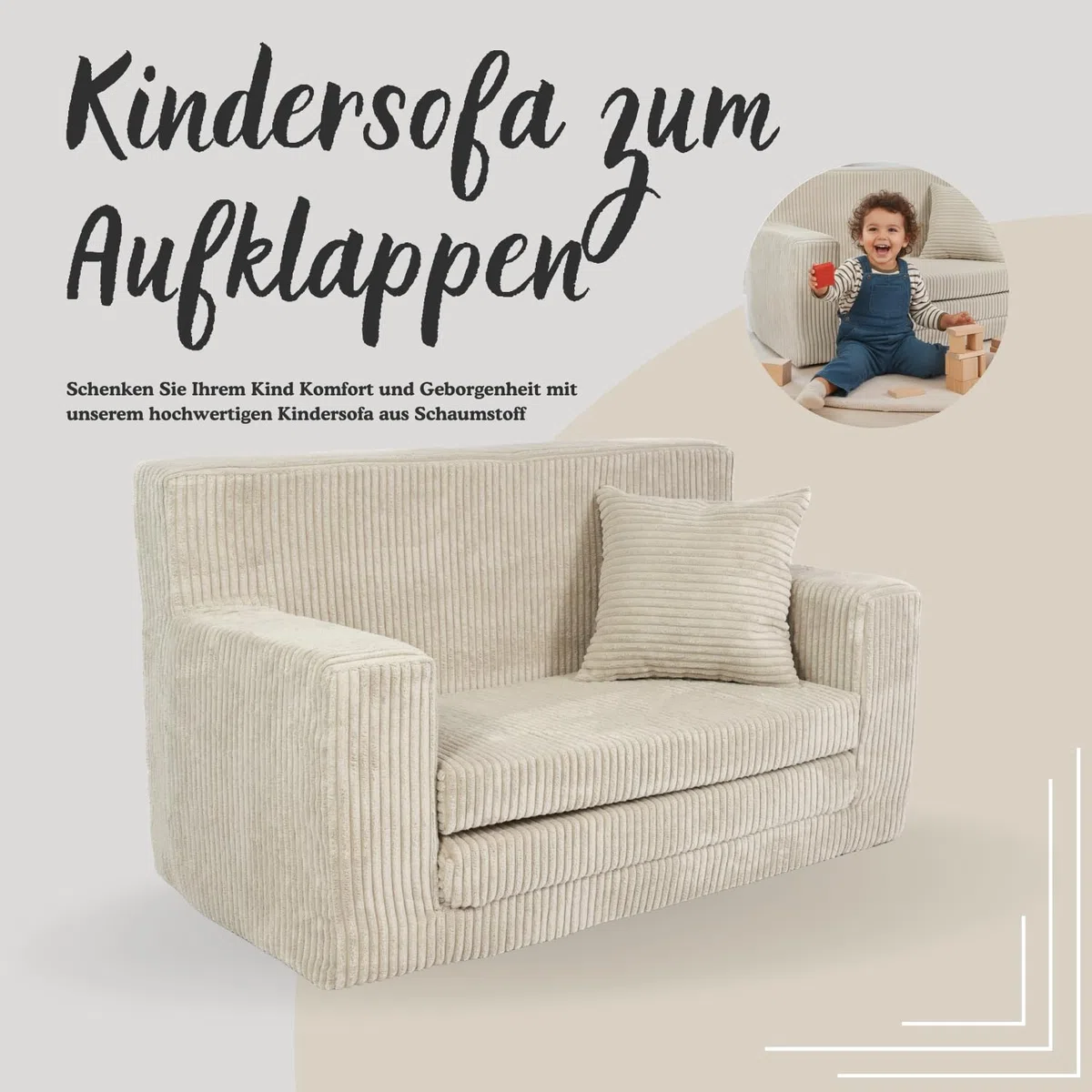 FORTISLINE Kindersofa ausklappbar aus Cord 83x47x43 cm - Kindercouch mit Liegefläche 112 cm, Kinderzimmer Sofa mit Kissen, Abnehmbarer waschbarer Bezug, Oeko-TEX Standard 100