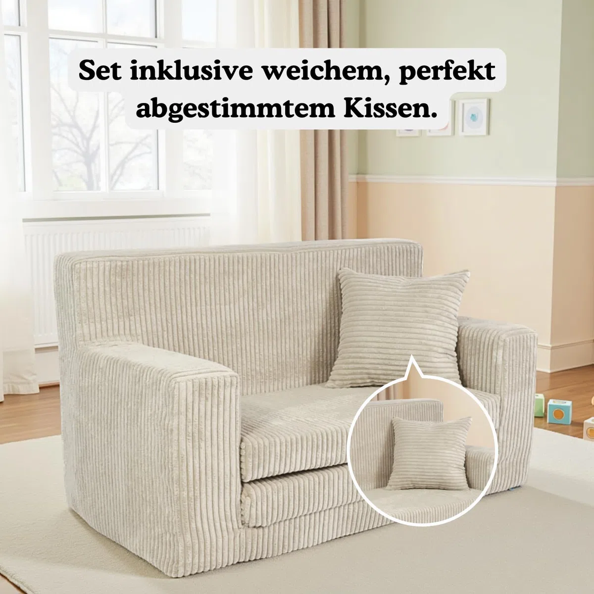 FORTISLINE Kindersofa ausklappbar aus Cord 83x47x43 cm - Kindercouch mit Liegefläche 112 cm, Kinderzimmer Sofa mit Kissen, Abnehmbarer waschbarer Bezug, Oeko-TEX Standard 100