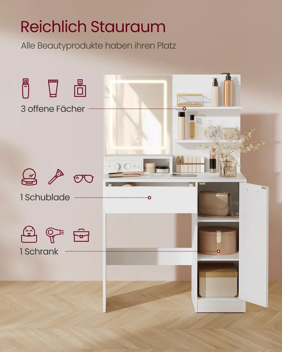 VASAGLE Kailyn Kollektion - Schminktisch, Frisiertisch mit LED-Spiegel und Steckdosenleiste, Kosmetiktisch, Schublade und offene Ablagen, Schrank mit 2 verstellbaren Ablagen, weiß RDT138W01