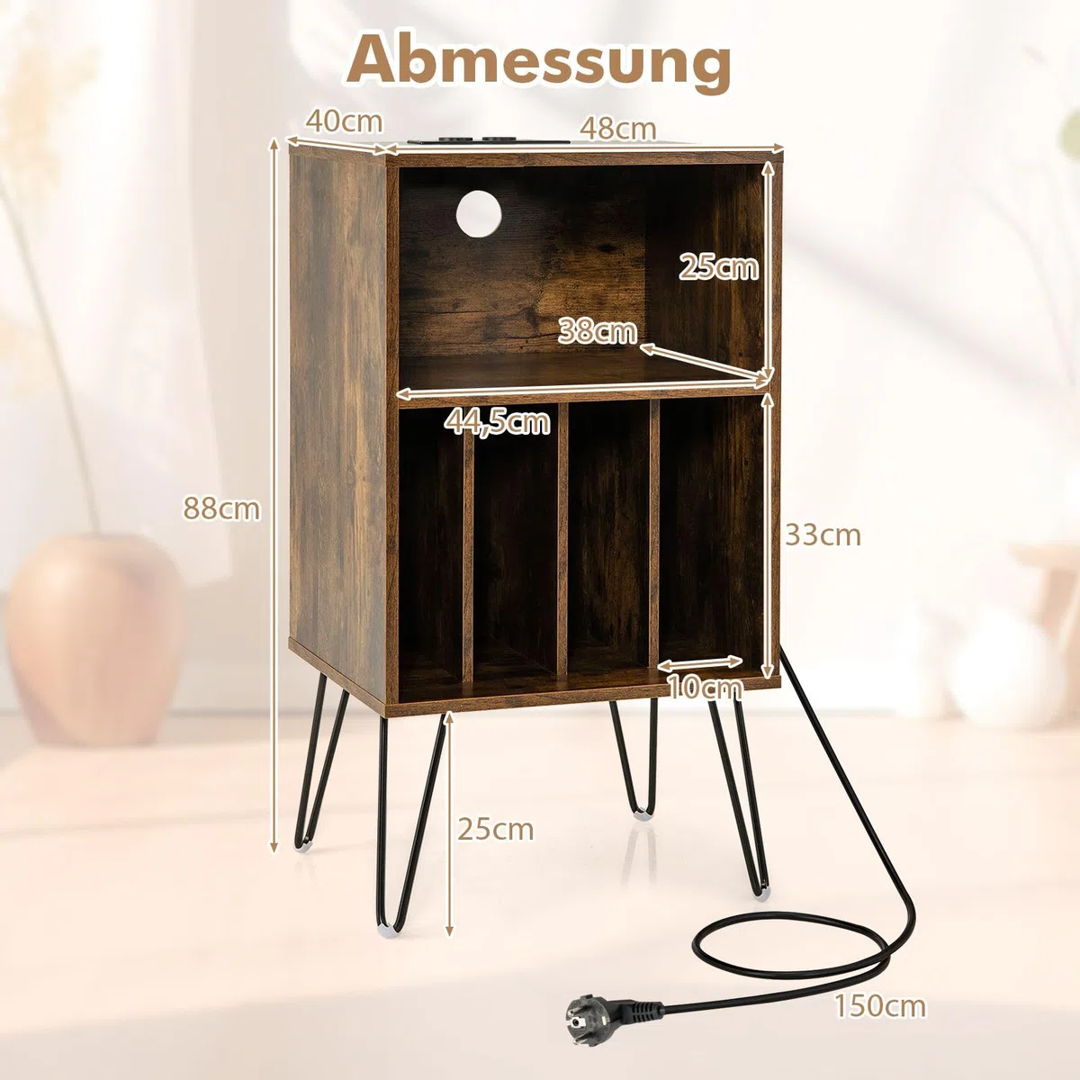 COSTWAY Plattenspieler-Ständer mit Ladestation, 3-stufiger Schallplattenständer, Vinylplatten Aufbewahrungstisch mit Regal & 4 Trennwänden für Wohnzimmer 48 x 40 x 88 cm (Industriell)