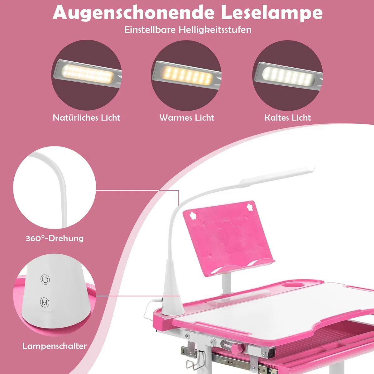COSTWAY Kinderschreibtisch Set mit Bücherständer & LED-Licht, höhenverstellbarer Kindertisch und Stuhl mit gekippter Tischplatte & Schublade, Kinder Schreibtisch für Jungs & Mädchen (Rosa)