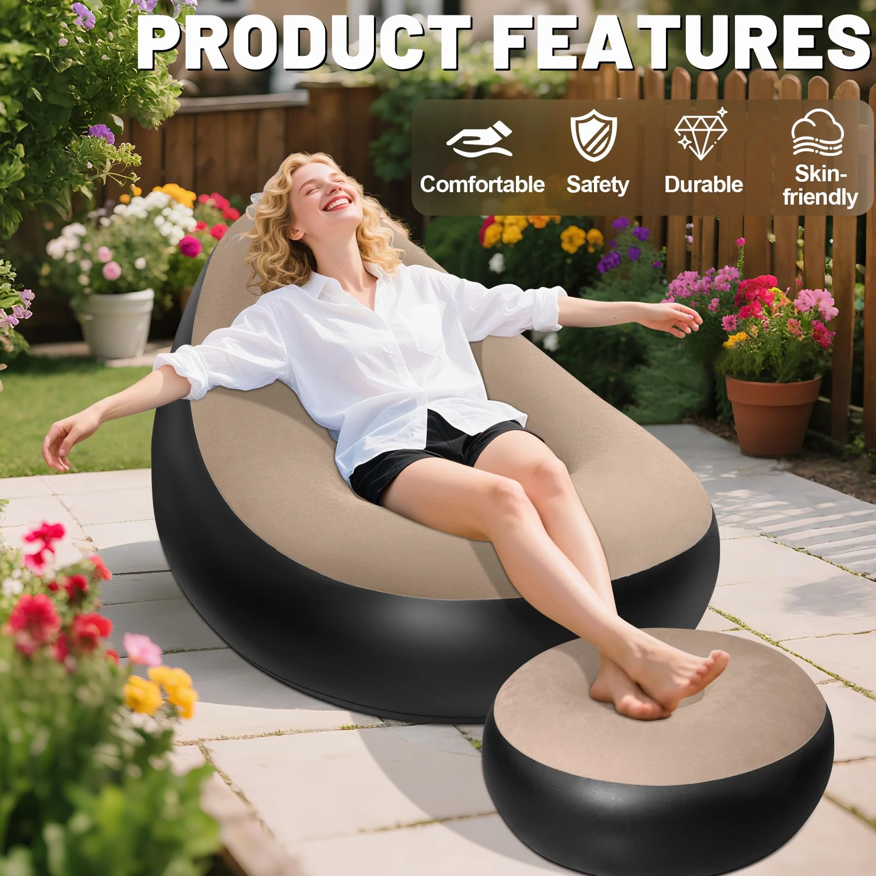 AearKing Aufblasbares Sofa mit Fußhocker, Aufblasbarer Sessel, Wasserdichtes Luftsofa Aufblasbares, Sessel, Sofa und Couch mit Beflockter Oberfläche für Wohnzimmer, Couch Aufblasbar Outdoor Camping