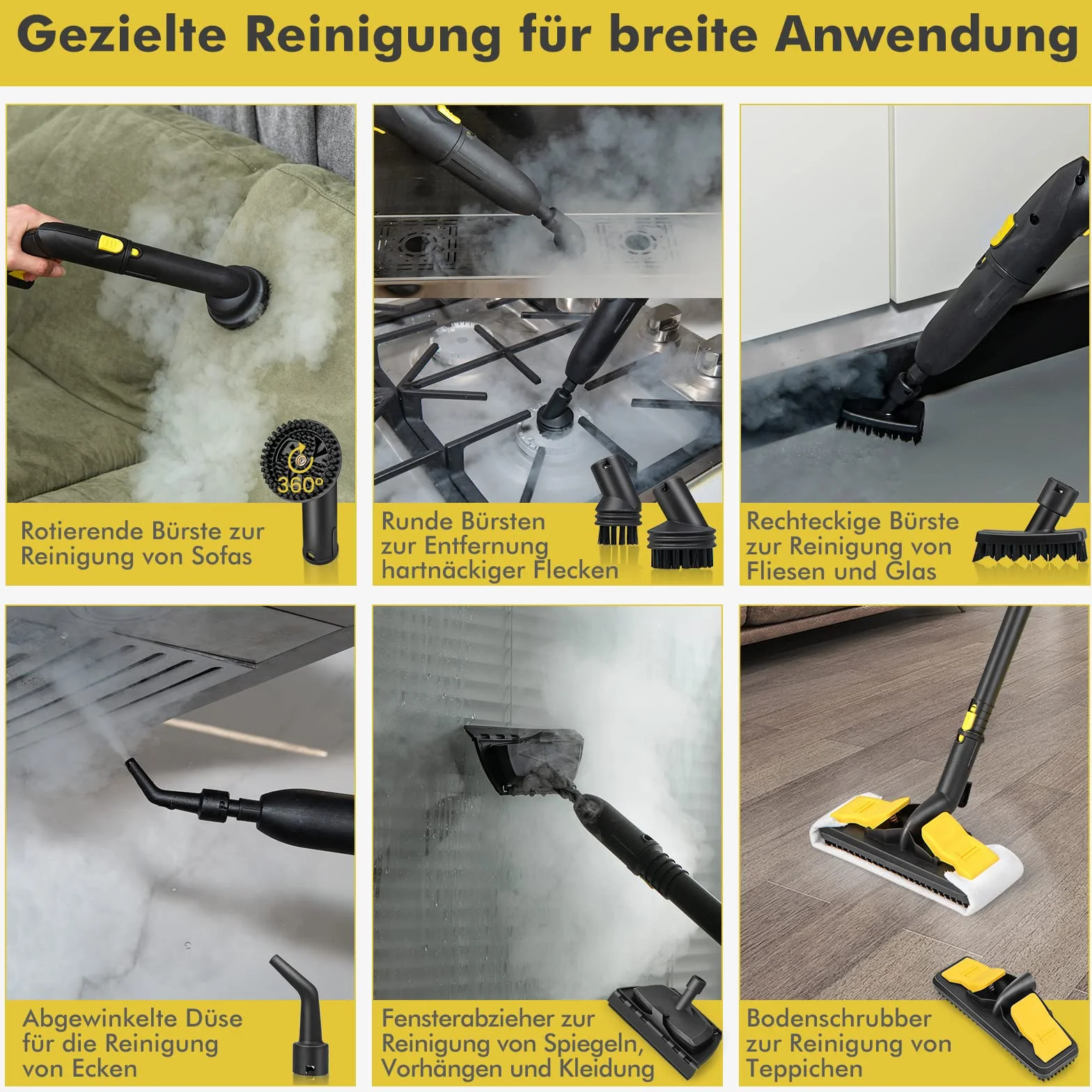 COSTWAY Dampfreiniger 2000W, Dampfdruck: max. 5 bar, Temperatur bis zu 160℃, Flächenleistung: 108 m², 1,8L Tank, Aufheizzeit: 8 Min., Dampfgeräte inkl. 13 Zubehör & 5m lange Netzkabel (Gelb)