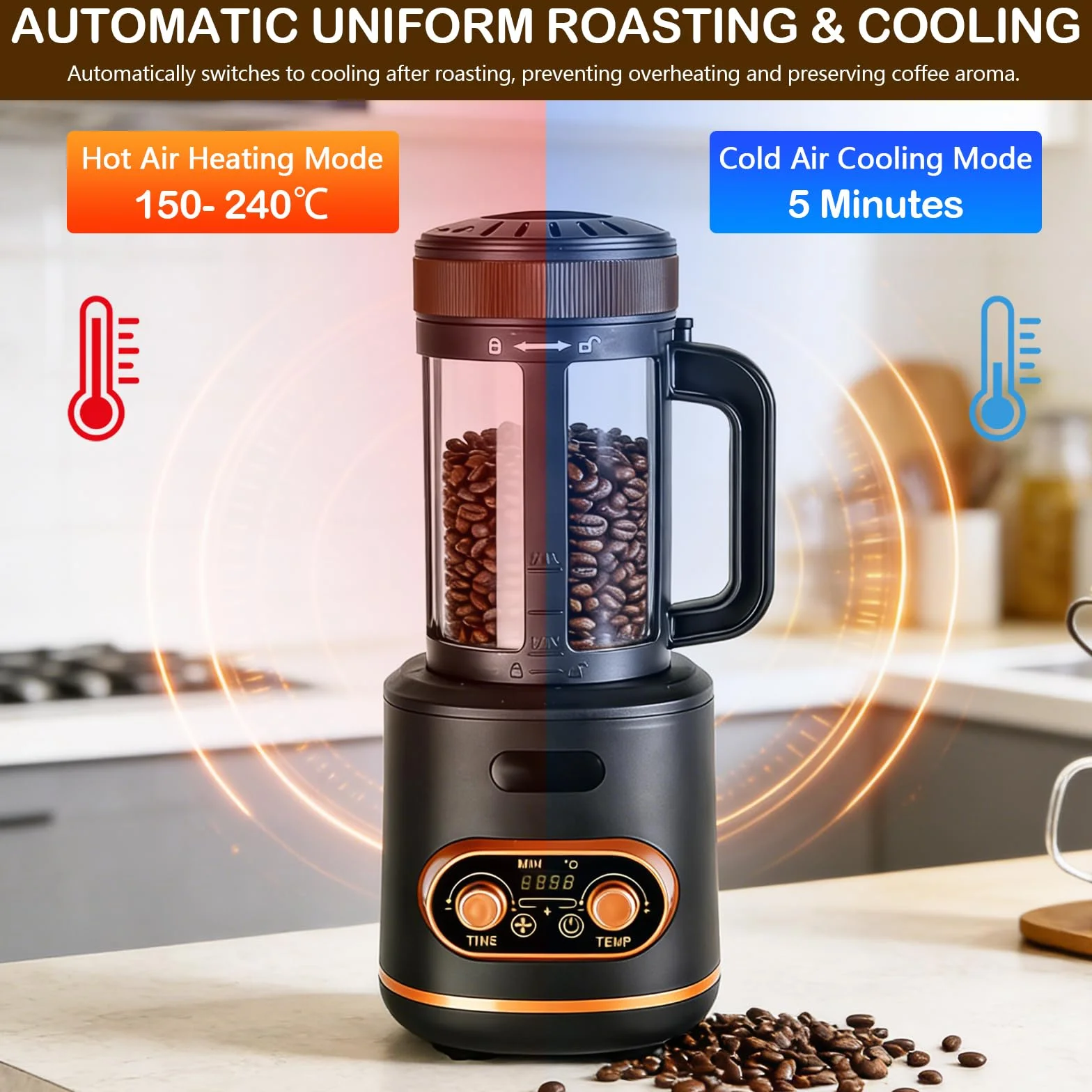 Heißluft Kaffeeröster 200g, 2200W Auto Röster Maschine für Kaffeebohnen, Geteilte Kaffeebohnentasse, Temp & Timer stufenlos regelbar, ideal für Zuhause und Café