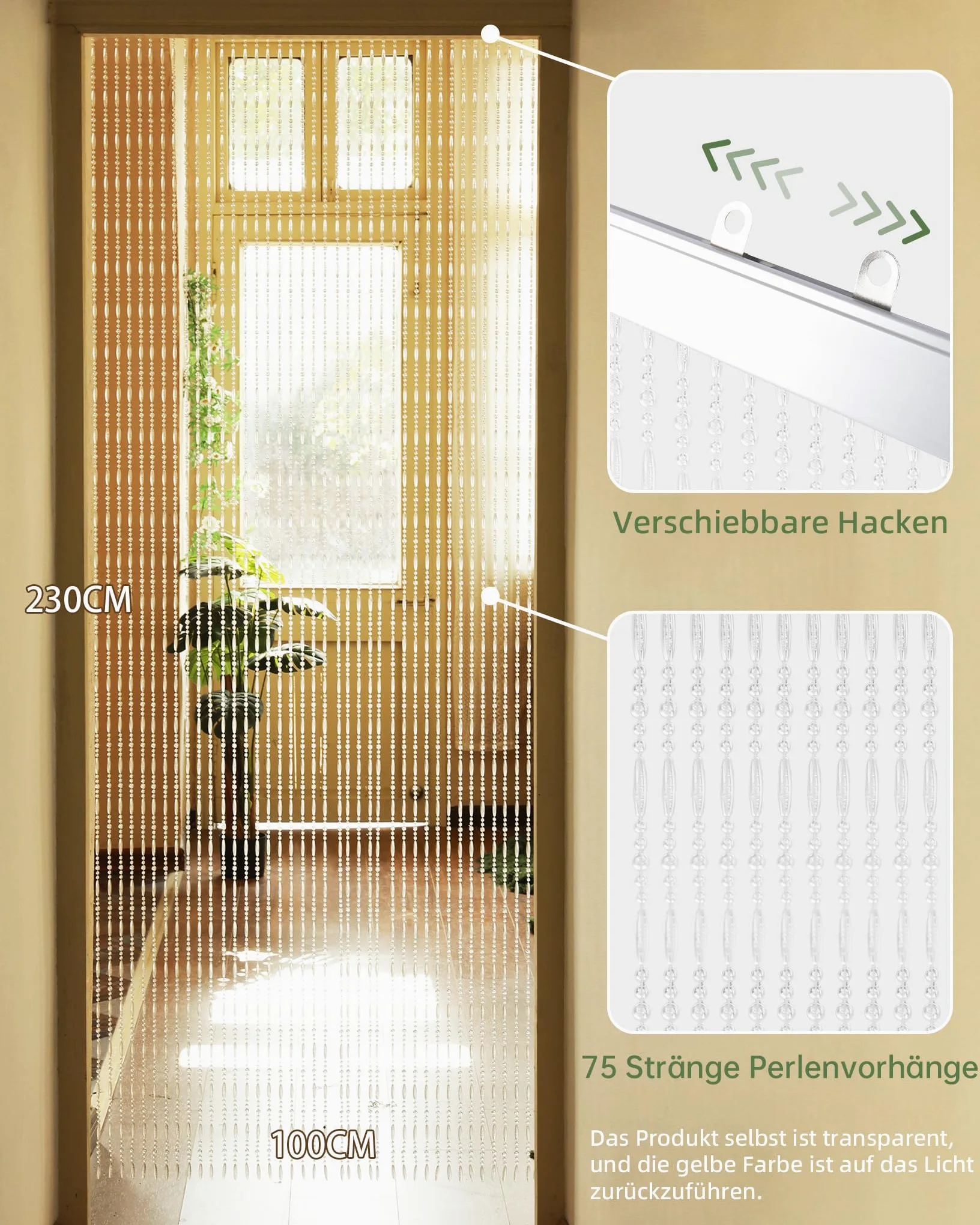 100x230cm Transparent Perlenvorhang Balkontür, 75 Stränge Kunststoffperlenvorhang Perlenvorhang Türvorhang als Insektenschutz und Dekoration für Balkontür, Zimmer
