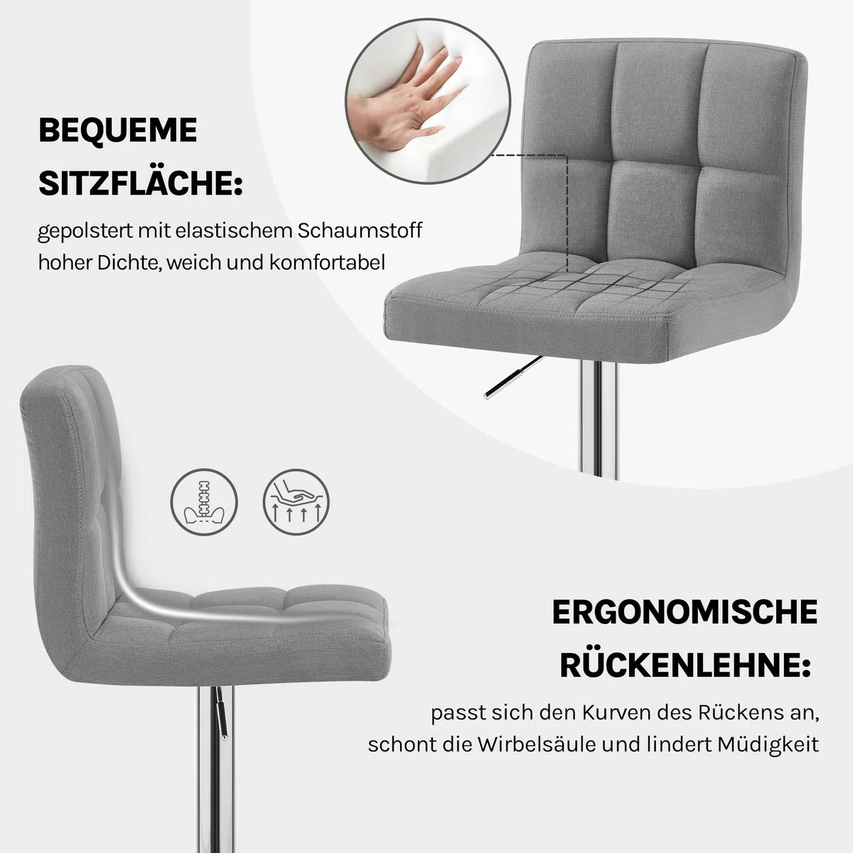 WOLTU Barhocker 2er Set Barstühle HellGrau, Höhenverstellbar, Drehstühle, Küchenstühle mit Rückenlehne und Fußstütze, Robuster Metallrahmen, gemütliche feines Leinen weiche Sitzfläche