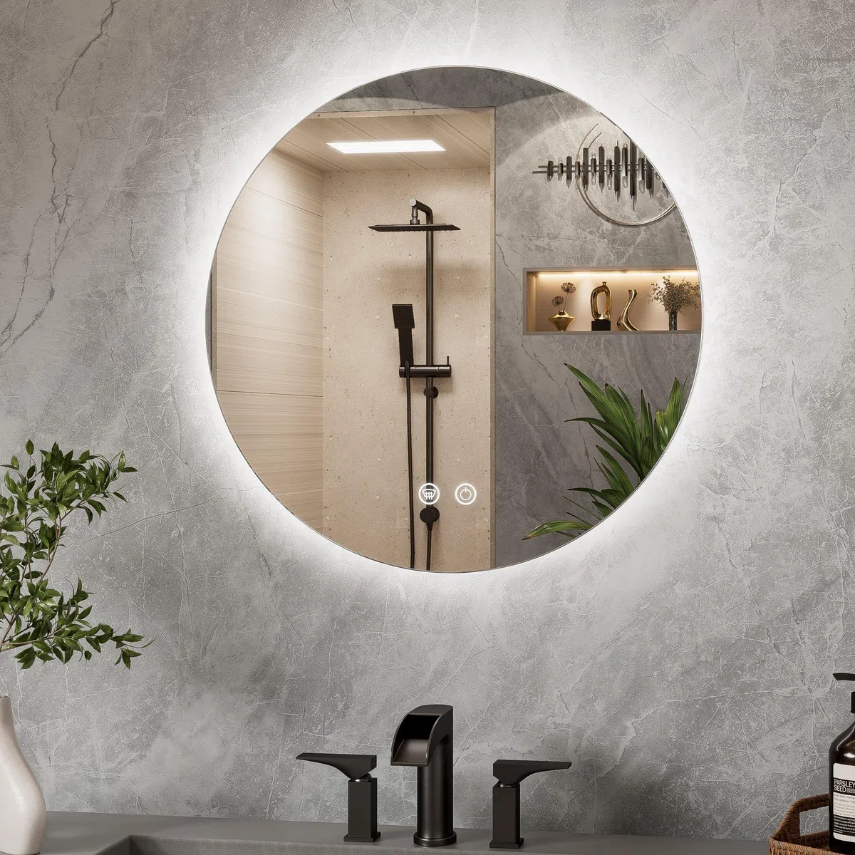 TETOTE Badspiegel mit Beleuchtung 50cm, Rund Badezimmerspiegel, Badezimmer Wandspiegel Ohne Rahmen, Led Badspiegel mit 3 Lichtfarben Dimmbarer,Antibeschlag, Speicherfunktion, IP44