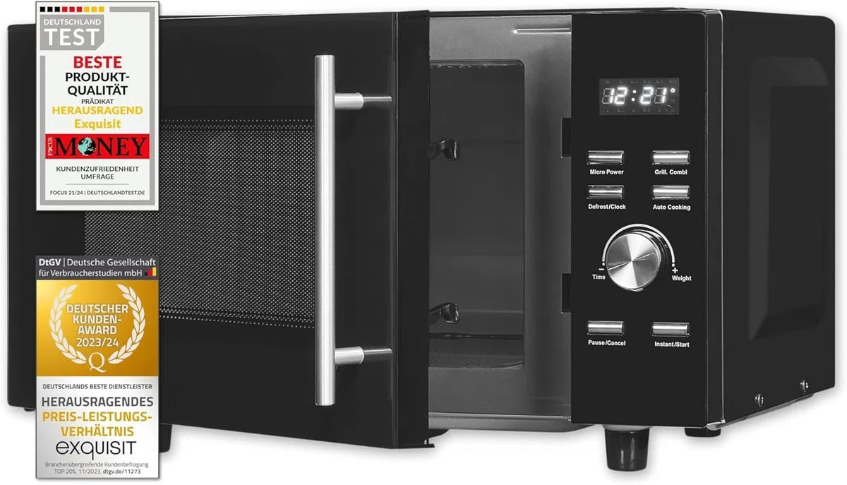 Exquisit Mikrowelle mit Grill & Flatbed - 23 Liter, 750 W, Schwarz | Ohne Drehteller, 1 000 W Grillfunktion, 5 Leistungsstufen, digitales Display – kompaktes Schwarz-Matt-Design