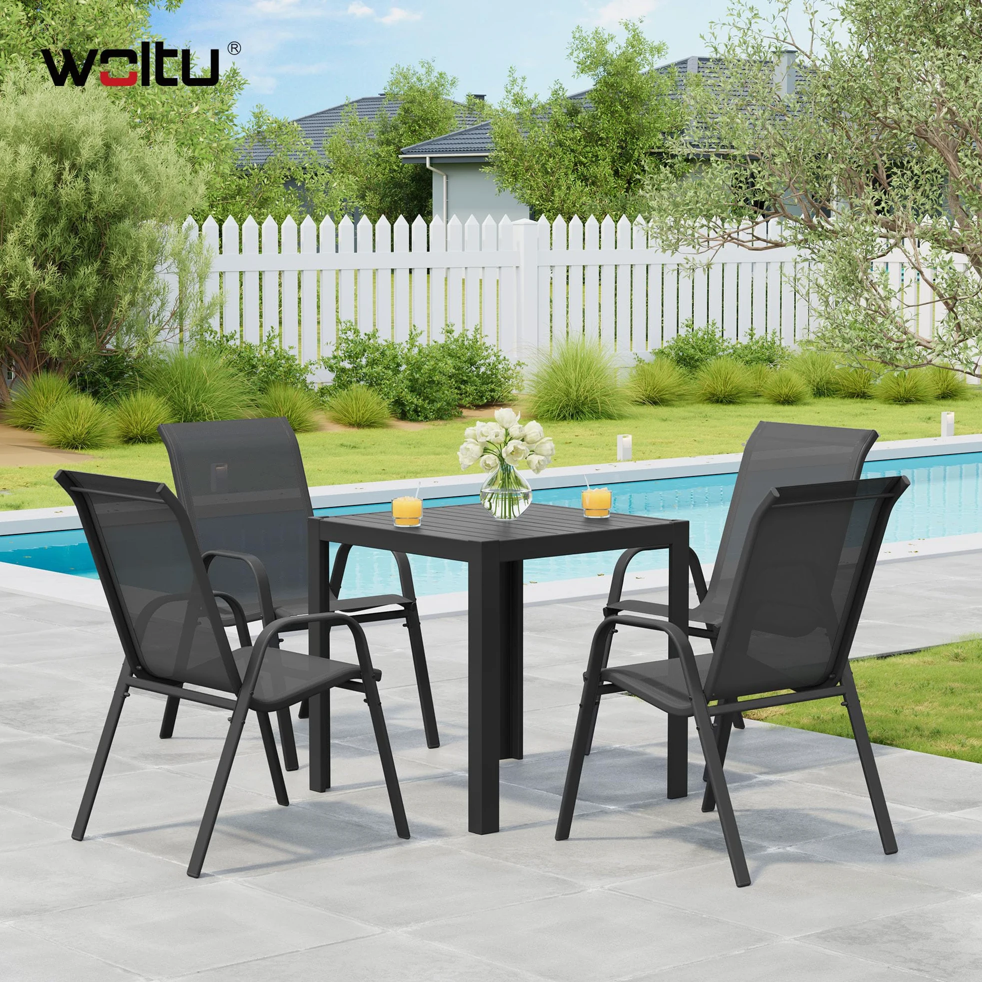 WOLTU Gartensessel 4 er Set Stapelstühle Garten Stapelbare Gartenstühle Wetterfeste Sitzgruppe Outdoor Ergonomisch Terrassenmöbel für Balkon Terrasse, Dunkelgrau
