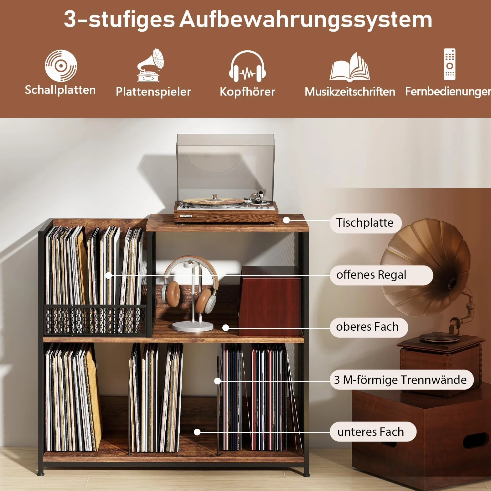 COSTWAY 3-stöckiger Plattenspielerständer für bis zu 300 Alben, Grammophontisch mit 3 herausnehmbaren Trennwänden und Metallrahmen, Vinyl-Präsentationsregal für Wohnzimmer (Braun)