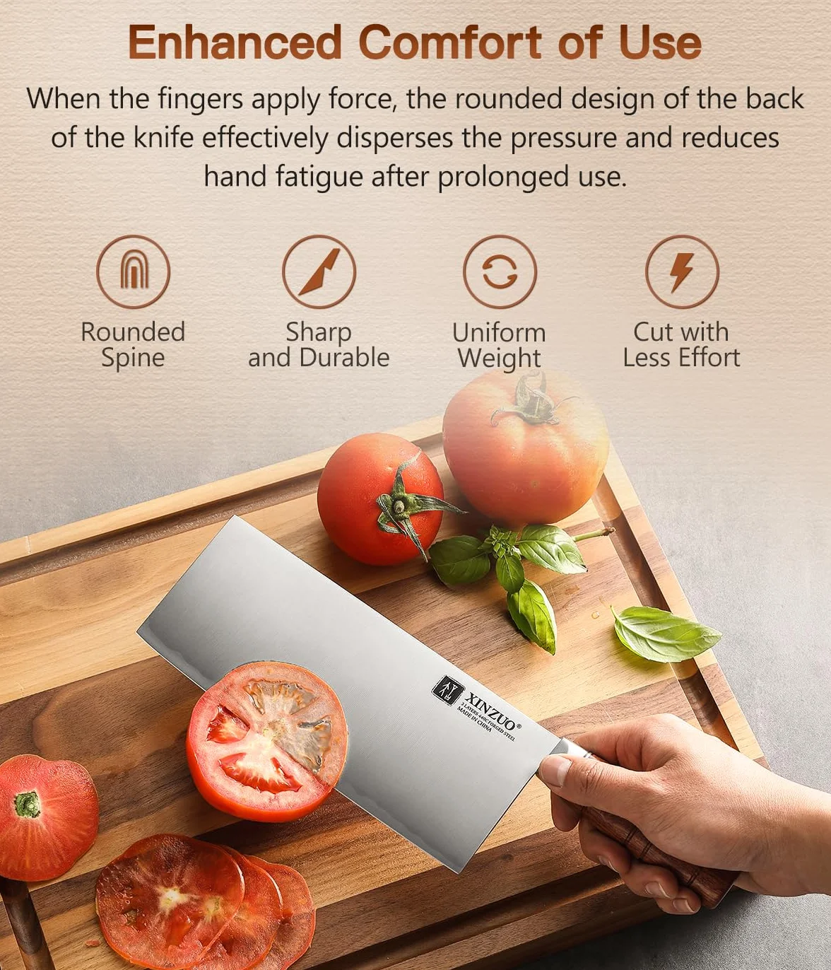 XINZUO 20,5cm Chinesisches Kochmesser 3 Schichten Verbundstahl Küchenmesser- Multifunktions Chefmesser Scharfes Edelstahl Profi Hackmesser -Ergonomischer Griff aus Red Wood -mit Geschenkbox