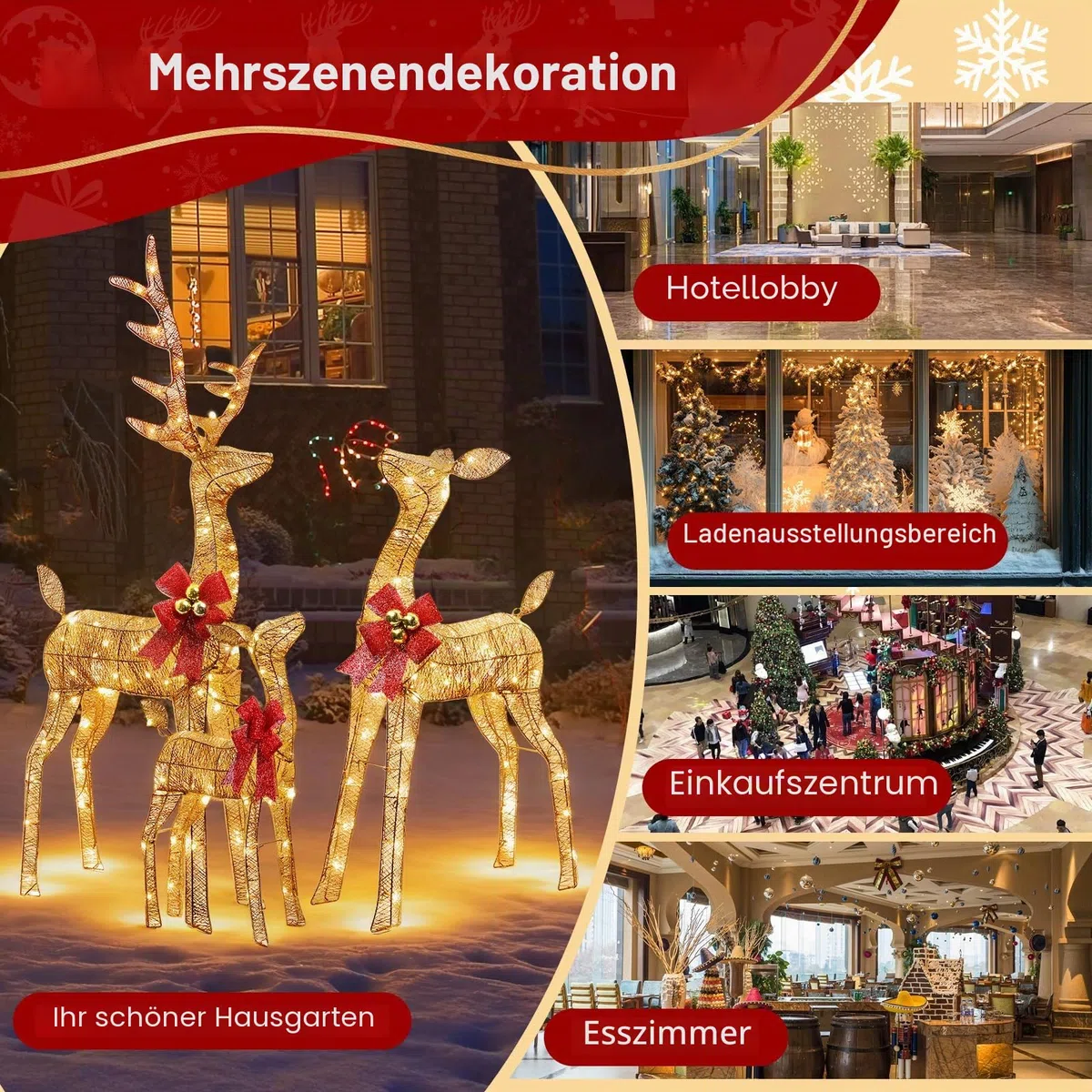 3 Stück Rentier Beleuchtet Aussen,Große Weihnachtsdekoration für den Draußen,mit 360° LED-Licht, Erdspießen, Wasserdicht, Goldfarben, für Hof, Terrasse, Restaurant Weihnachtsdeko