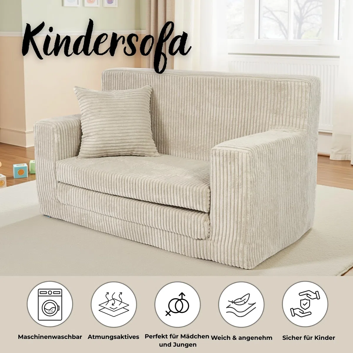 FORTISLINE Kindersofa ausklappbar aus Cord 83x47x43 cm - Kindercouch mit Liegefläche 112 cm, Kinderzimmer Sofa mit Kissen, Abnehmbarer waschbarer Bezug, Oeko-TEX Standard 100