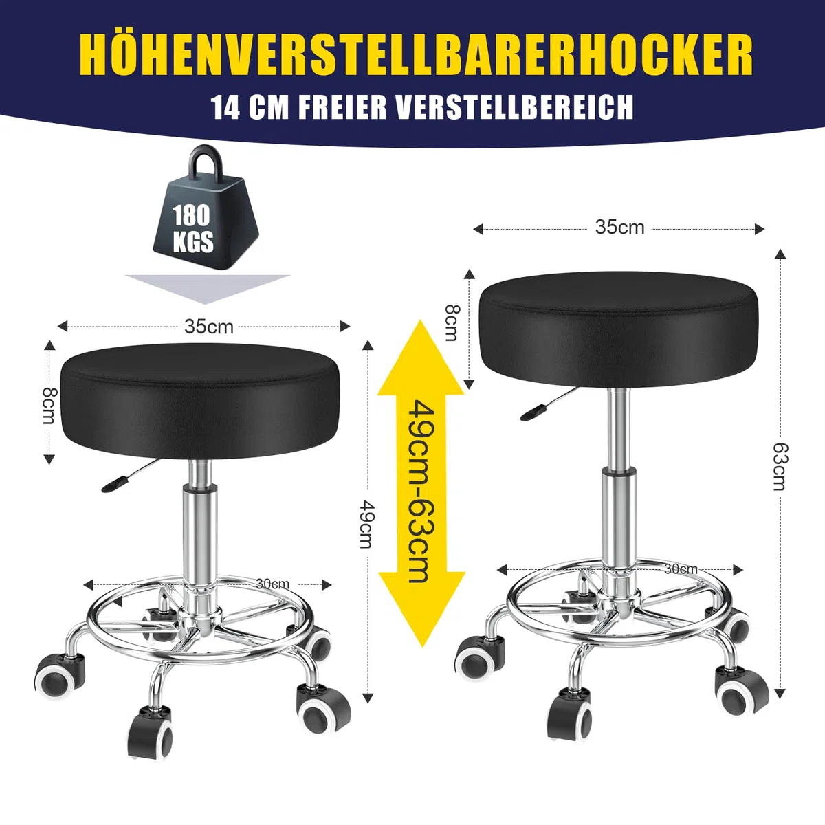 Hocker höhenverstellbar 49cm-63cm,Rollhocker mit fußstützezur Entspannung des Körpers,kompakt,bequem und leicht PU leder hocker mit rollen,drehhocker,arbeitshocker,friseurhocker,bürohocker (1 Schwarz)