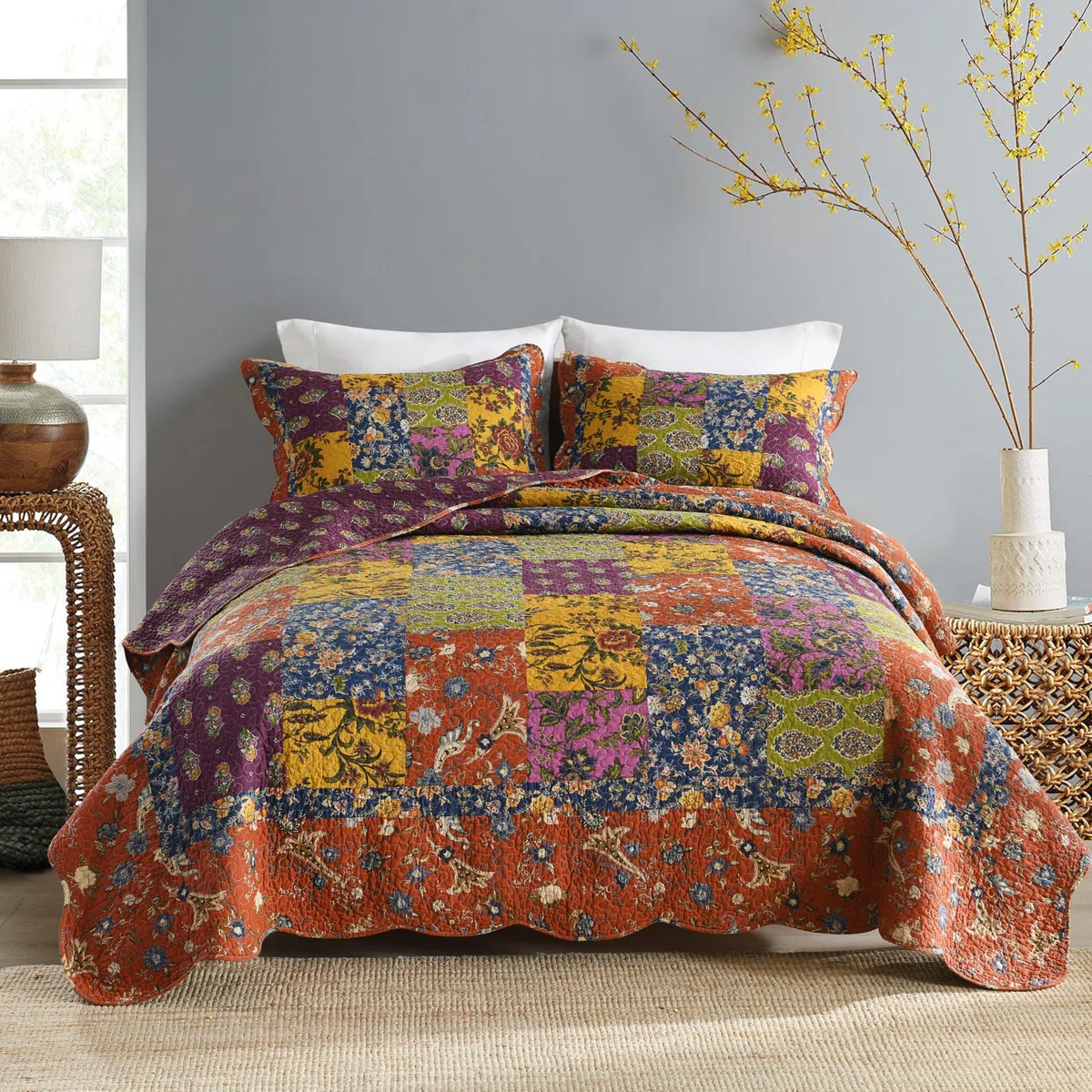 Qucover Tagesdecke Bunt Baumwolle, Weich Tagesdecke Patchwork, Tagesdecke Bettüberwurf, Cotton Bedspreads mit 2 Kissenbezügen 50x70cm, Sofa Überwurfdecke, Decke Patchwork für Sofa und Bett(223x233cm)