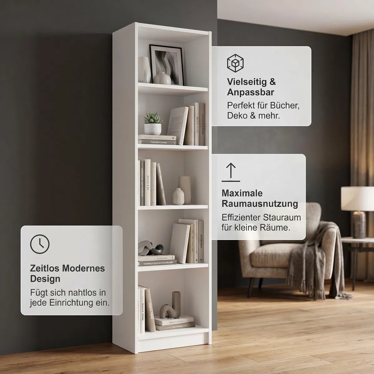 Bücherregal, 183x50x31 cm, 5-Tier Bücherschrank aus 19 mm starker Platte, Modernes offenes Standregal, Aufbewahrungsregale und Präsentationsregale für Wohnzimmer, Home Office, Schlafzimmer